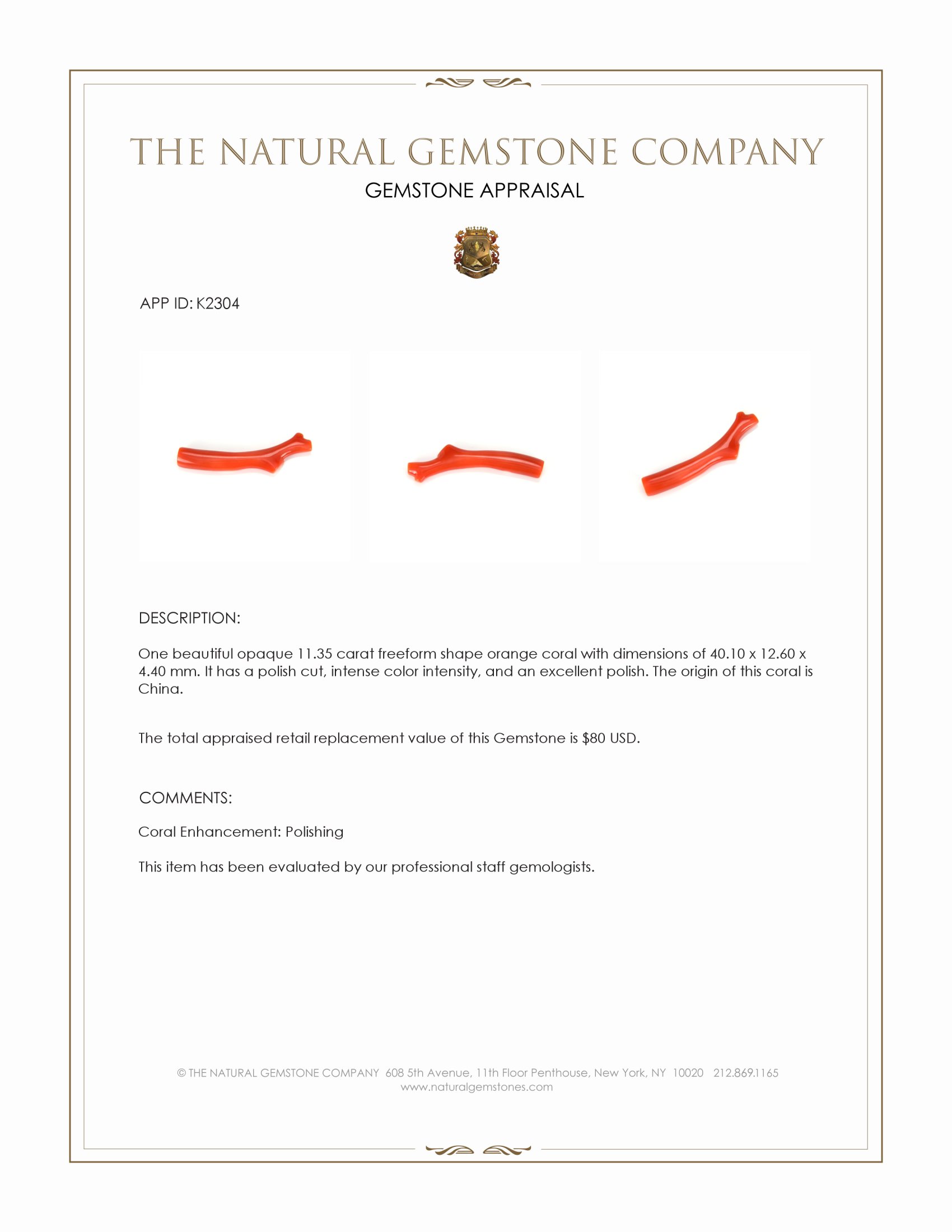 11.35 Ct. Coral from China