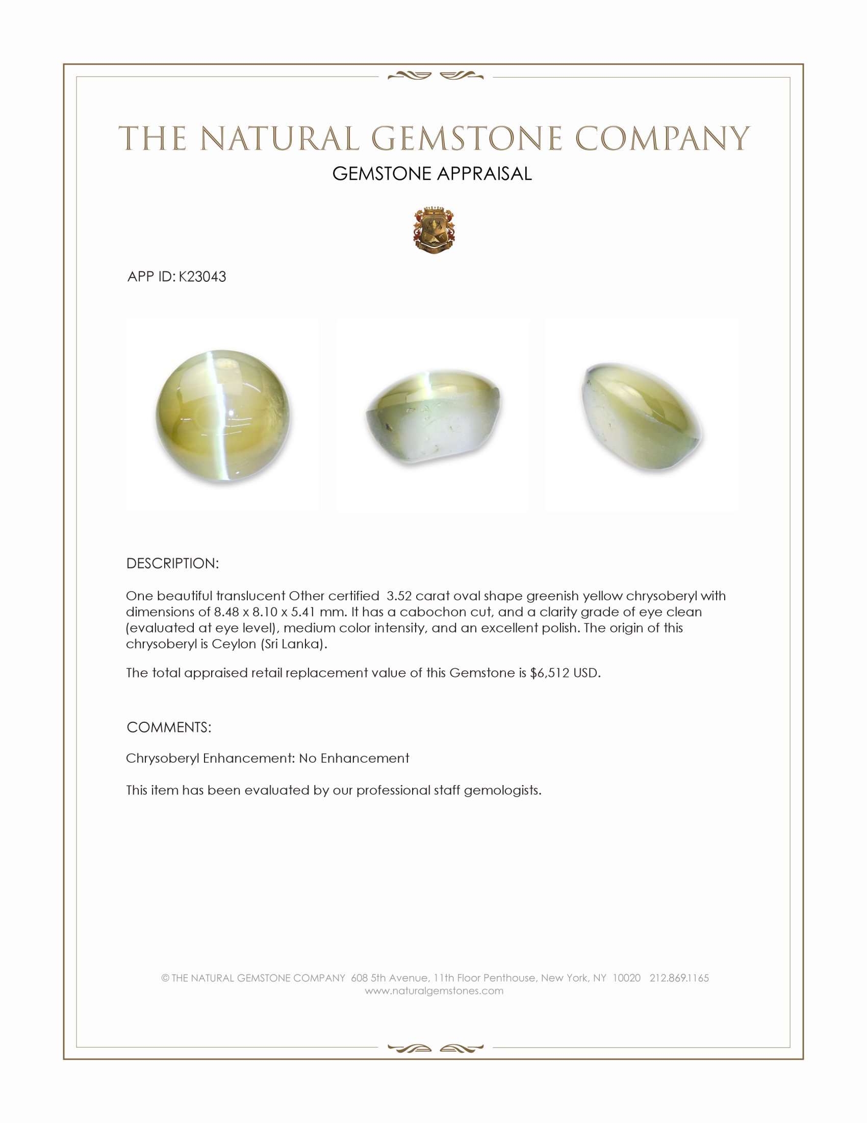 3.52 Ct. Greenish Yellow Cabochon Chrysoberyl from Ceylon (Sri Lanka)