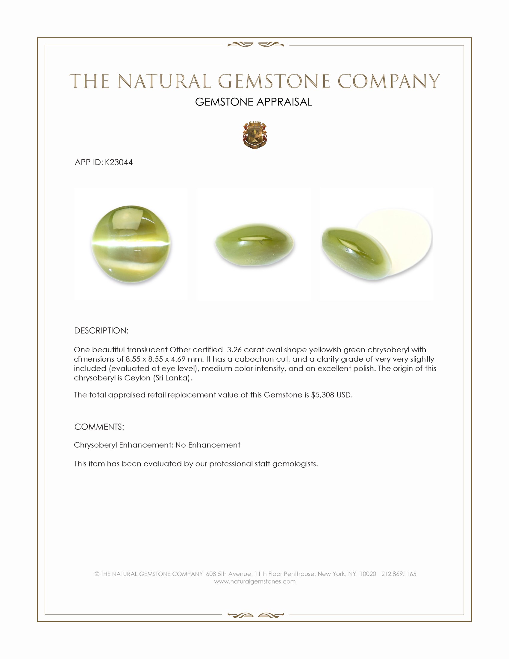 3.26 Ct. Yellowish Green Cabochon Chrysoberyl from Ceylon (Sri Lanka)