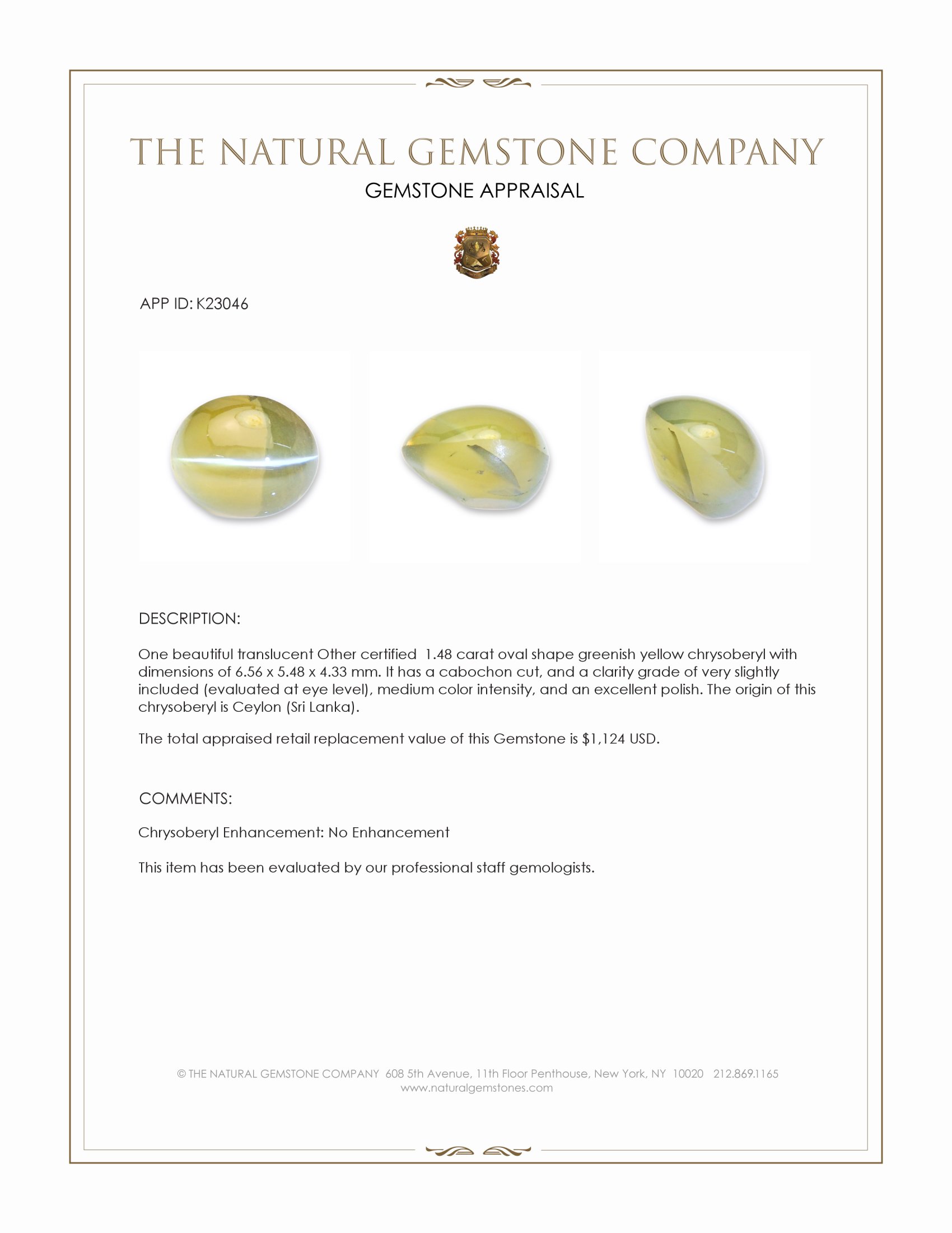 1.48 Ct. Greenish Yellow Cabochon Chrysoberyl from Ceylon (Sri Lanka)