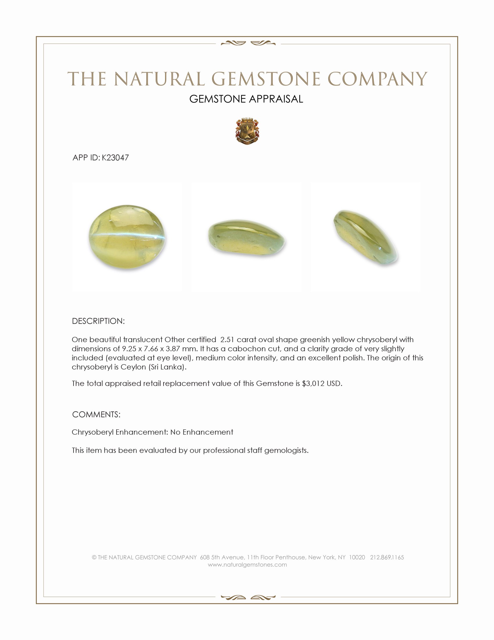 2.51 Ct. Greenish Yellow Cabochon Chrysoberyl from Ceylon (Sri Lanka)