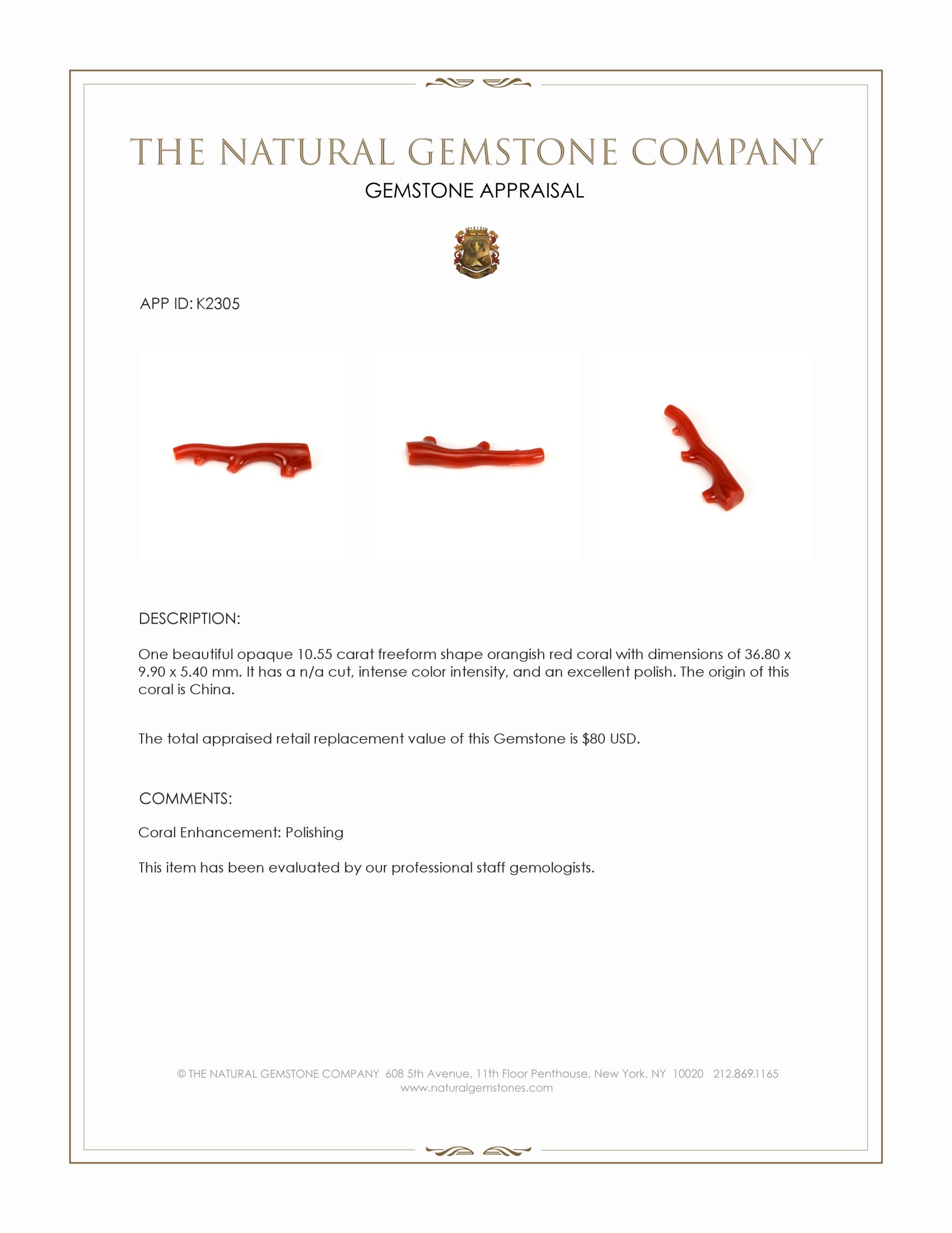 10.55 Ct. Orangish Red Coral Crystal from China