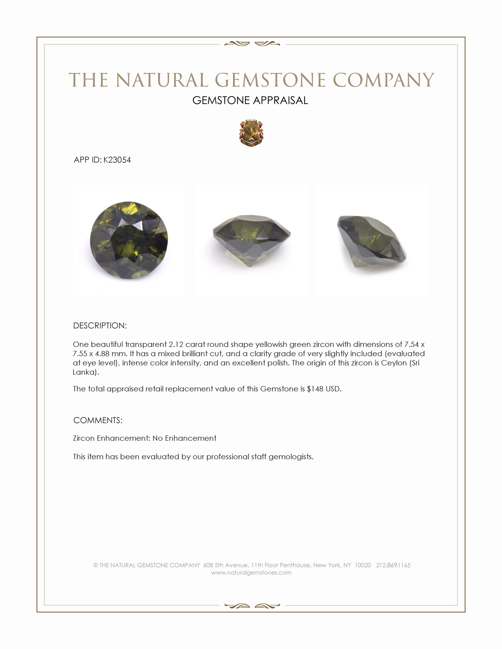 2.12 Ct. Yellowish Green Zircon from Ceylon (Sri Lanka)