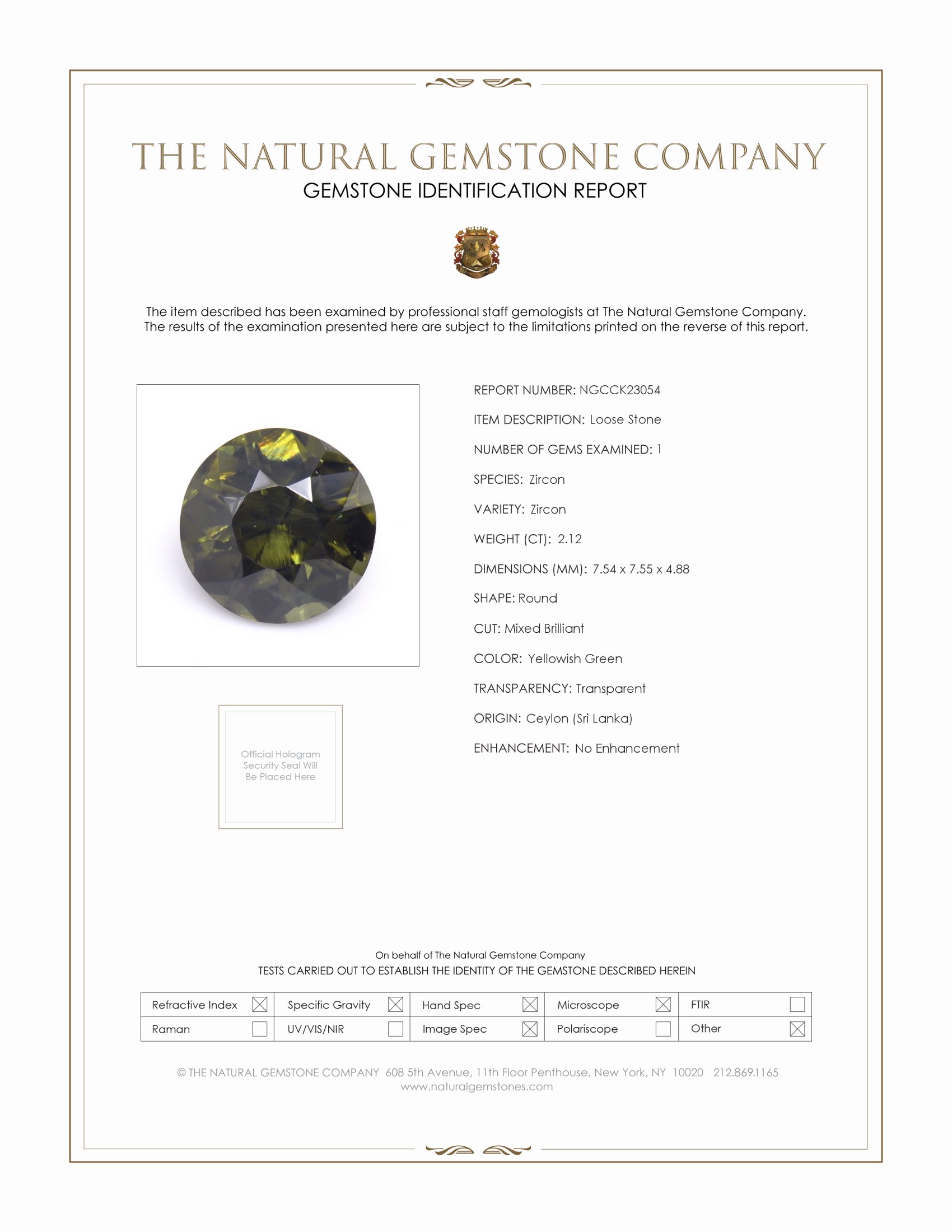 2.12 Ct. Yellowish Green Zircon from Ceylon (Sri Lanka)