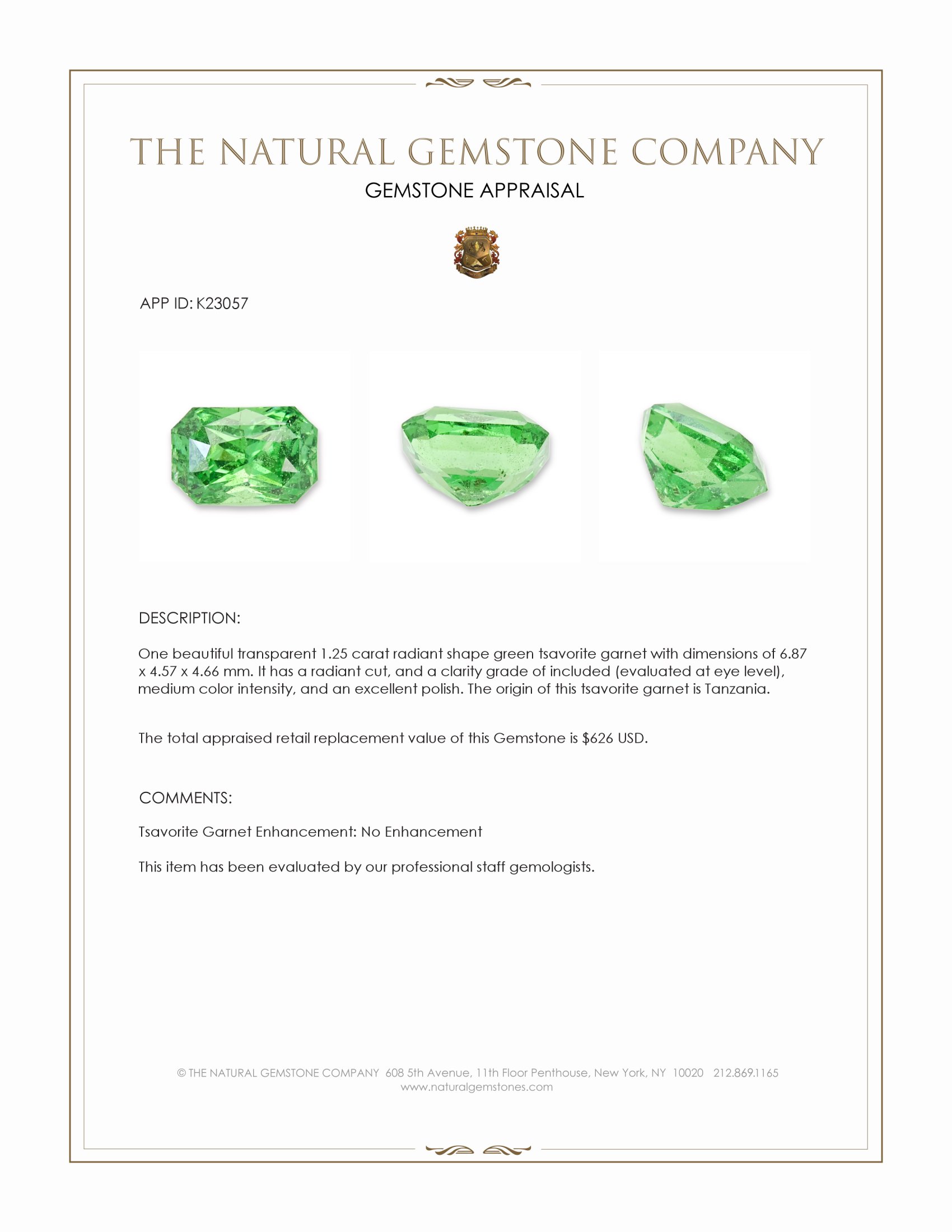 1.25 Ct. Tsavorite Garnet from Tanzania