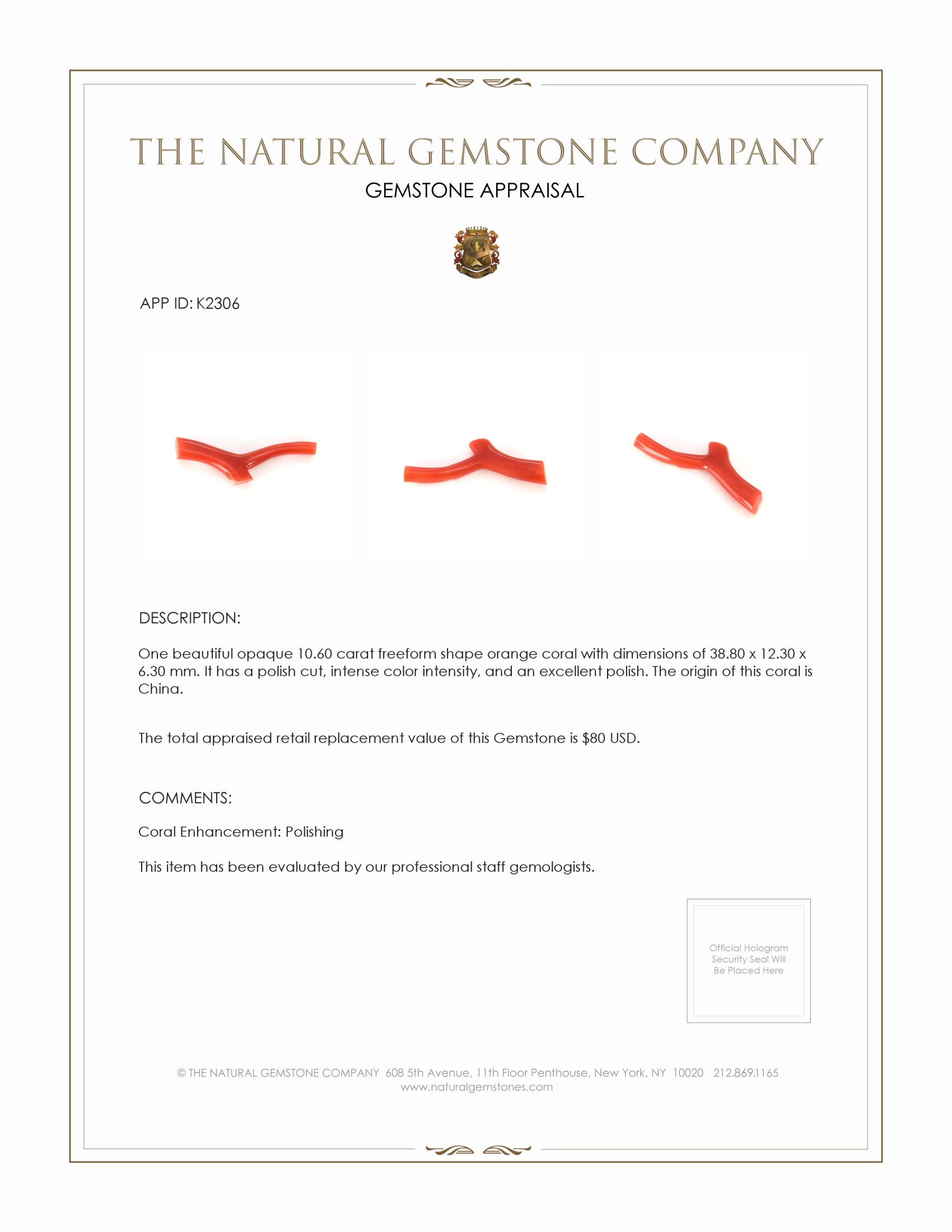 10.60 Ct. Coral from China