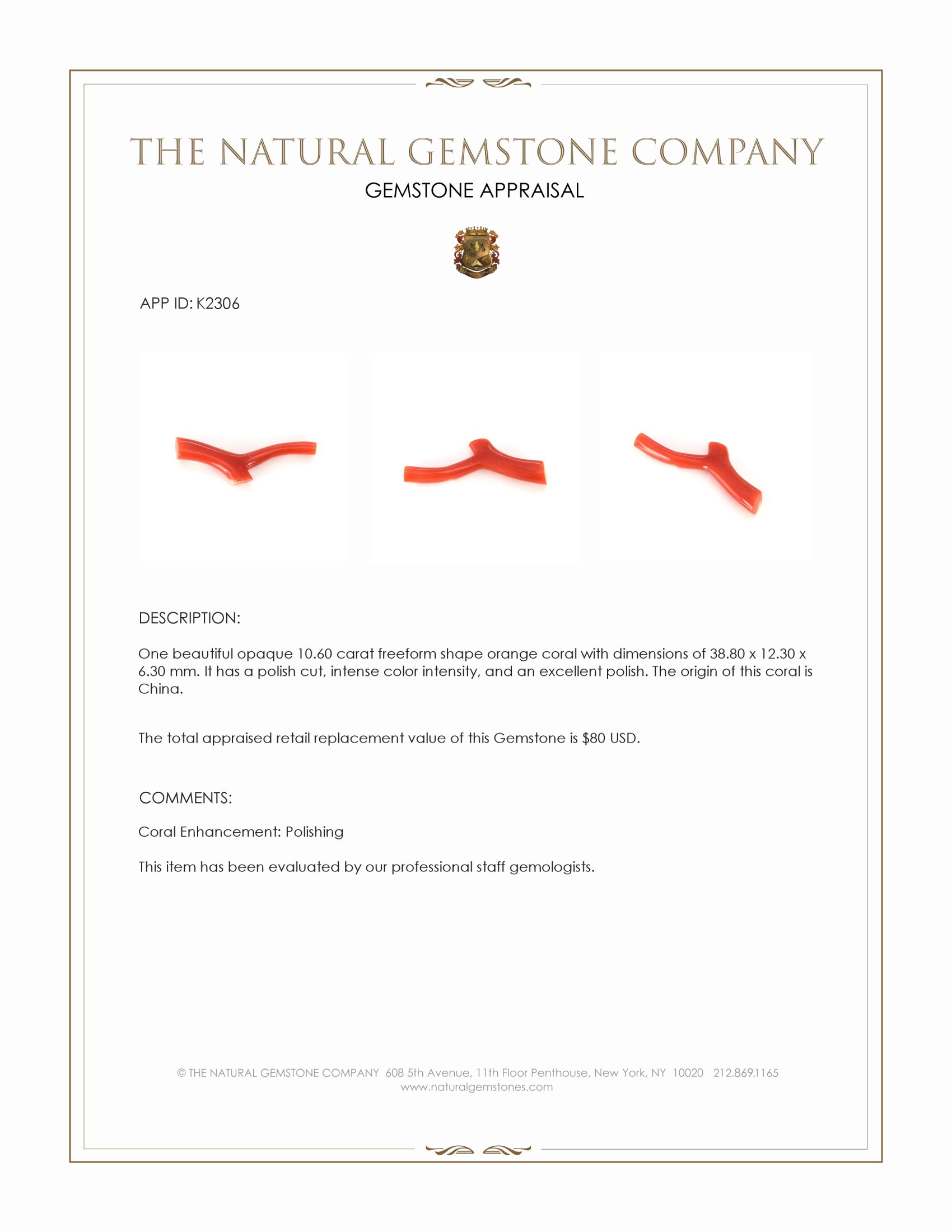 10.60 Ct. Coral from China