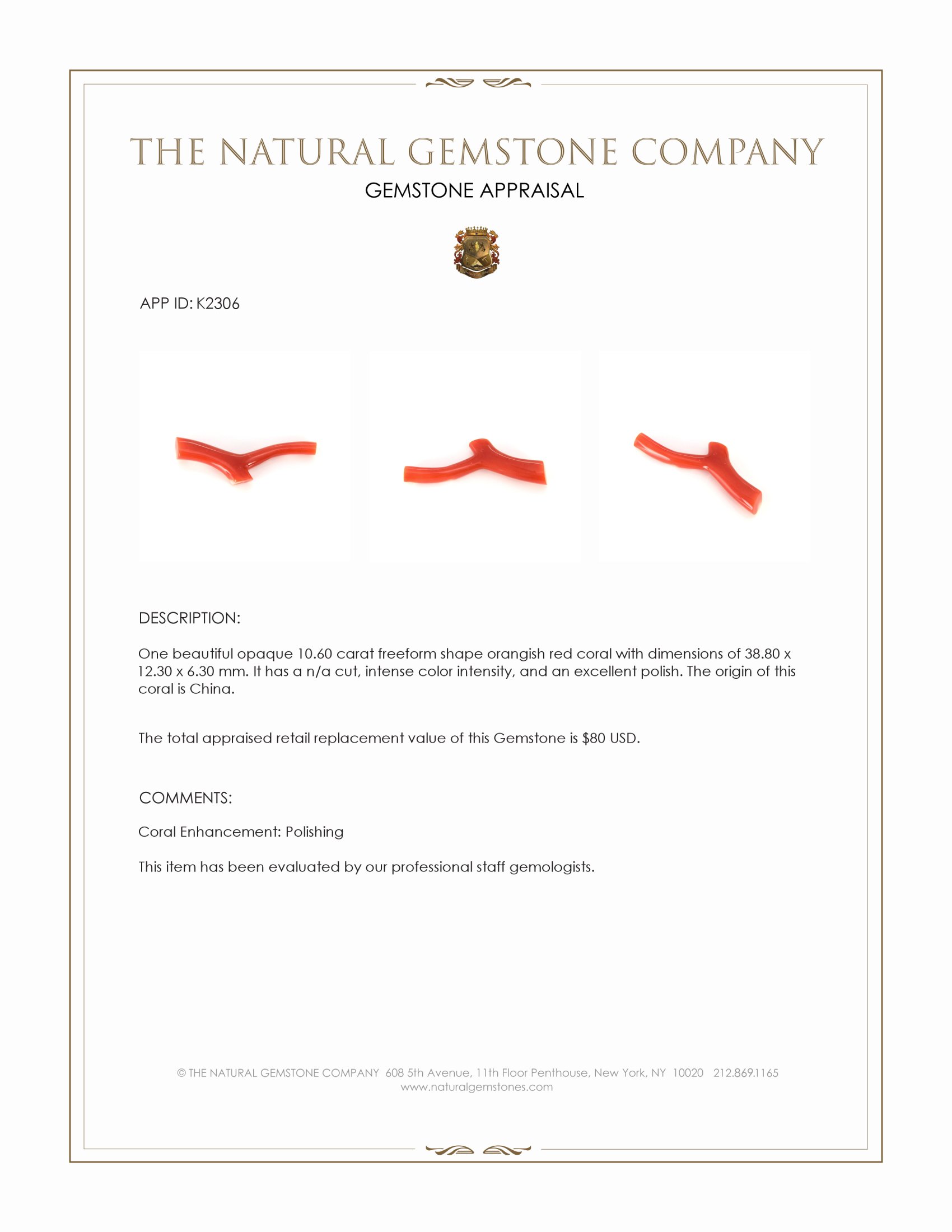 10.60 Ct. Coral Crystal from China