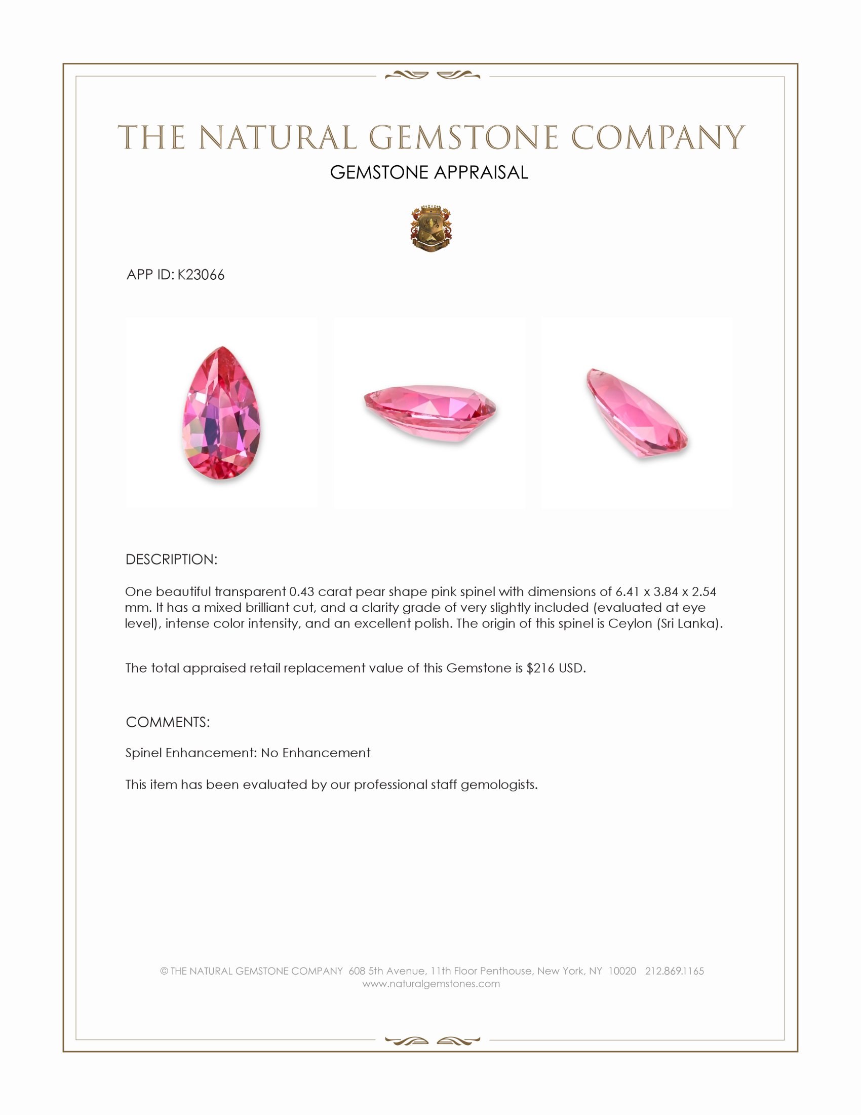 0.43 Ct. Pink Spinel from Ceylon (Sri Lanka)