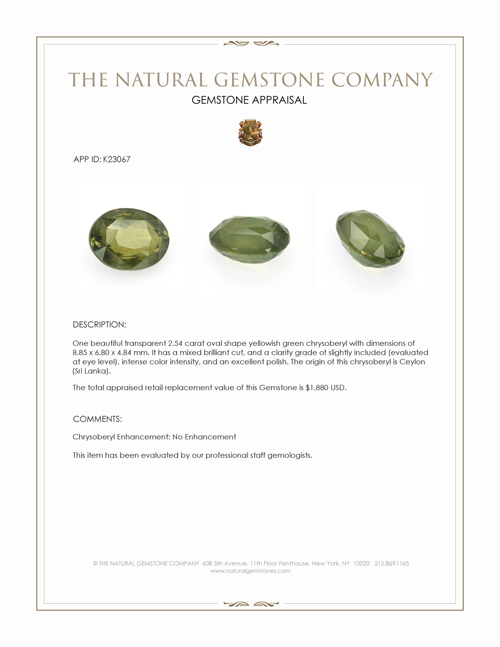 2.54 Ct. Yellowish Green Chrysoberyl from Ceylon (Sri Lanka)