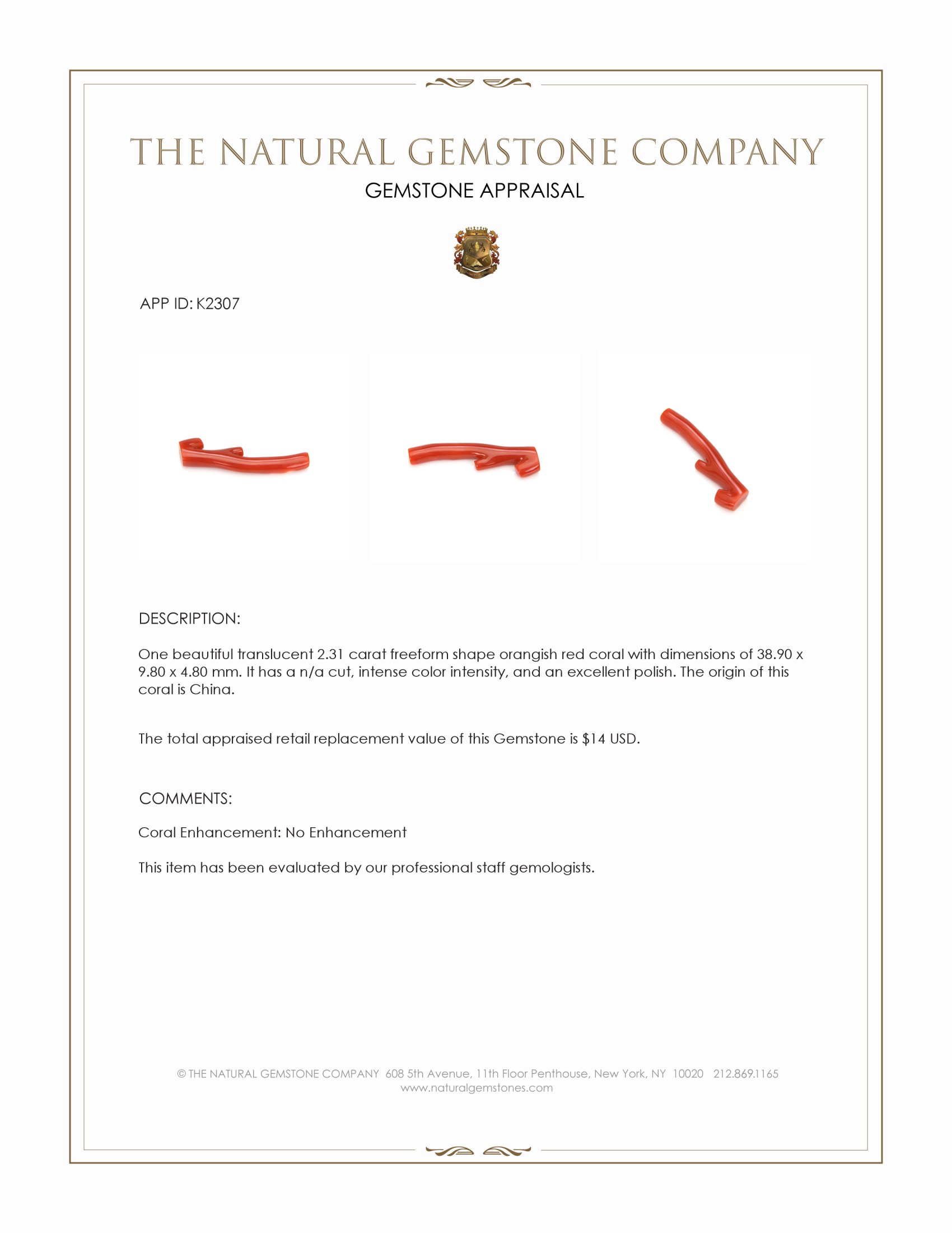 2.31 Ct. Orangish Red Coral Crystal from China