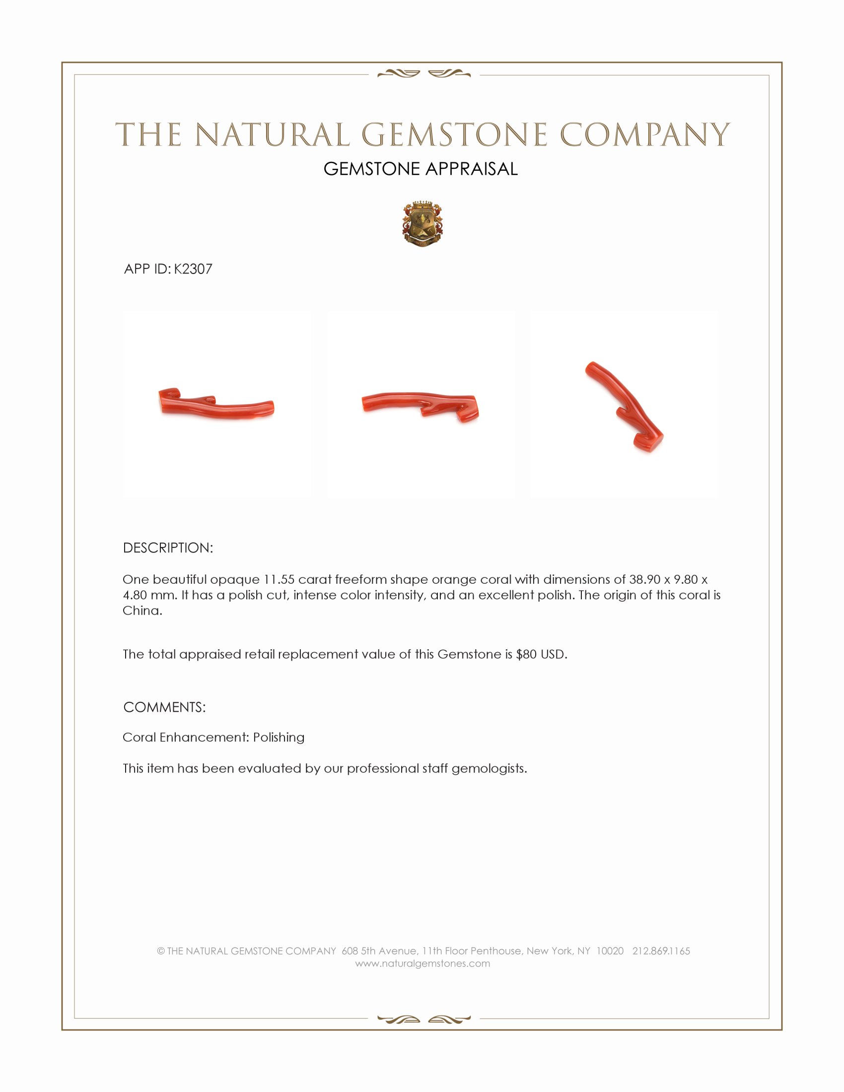 11.55 Ct. Coral from China