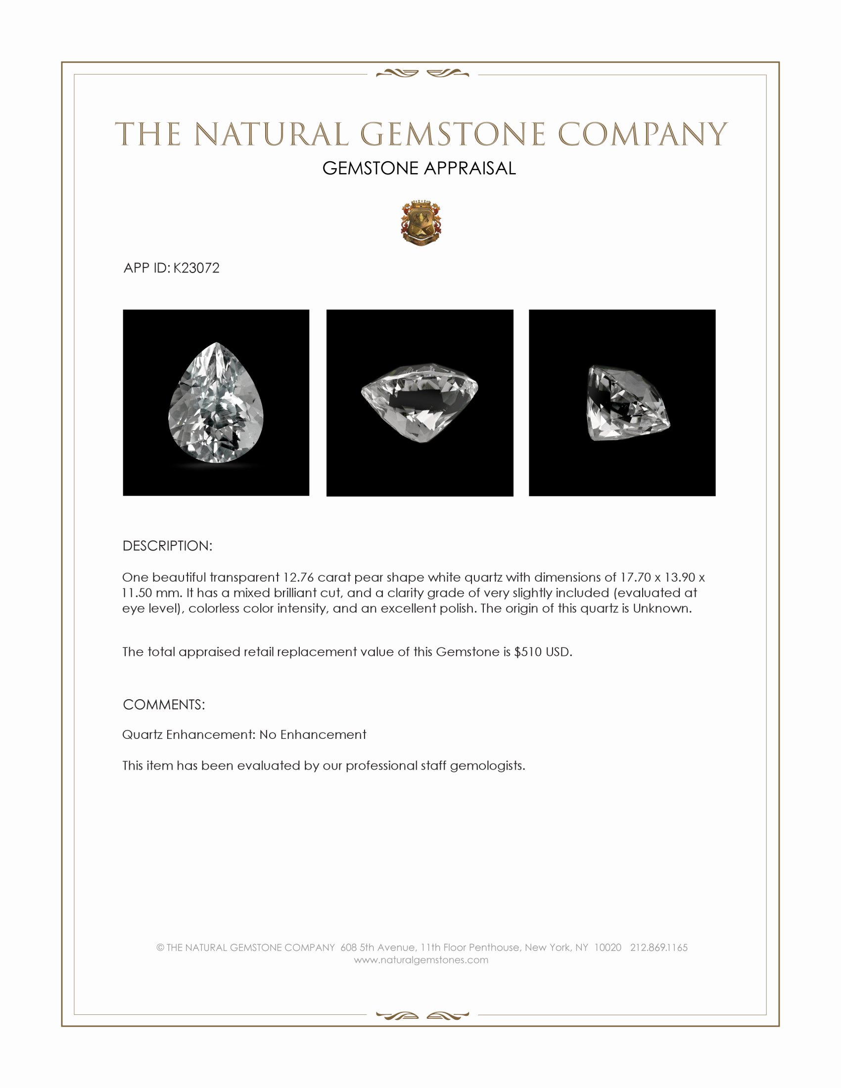 12.76 Ct. White Quartz