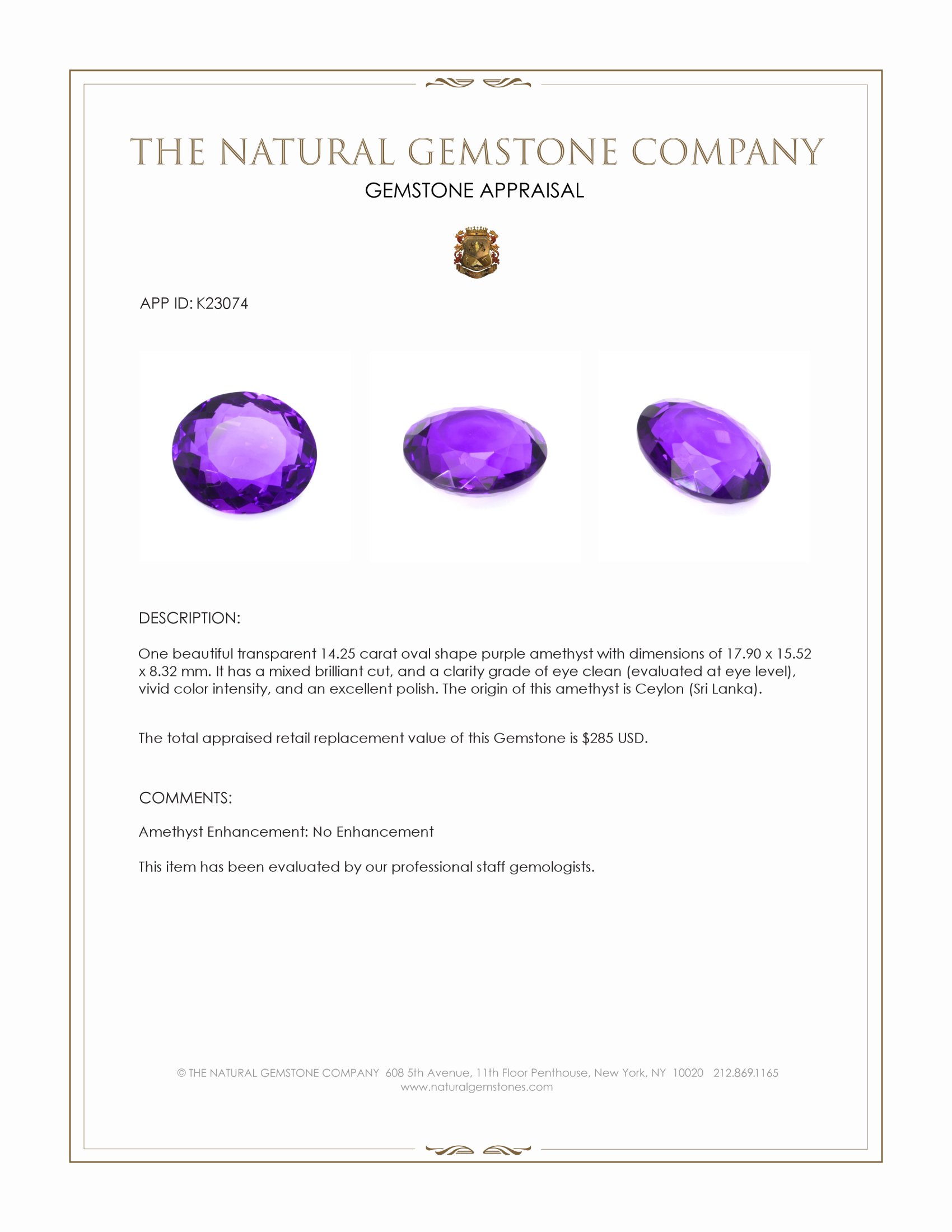 14.25 Ct. Amethyst from Ceylon (Sri Lanka)