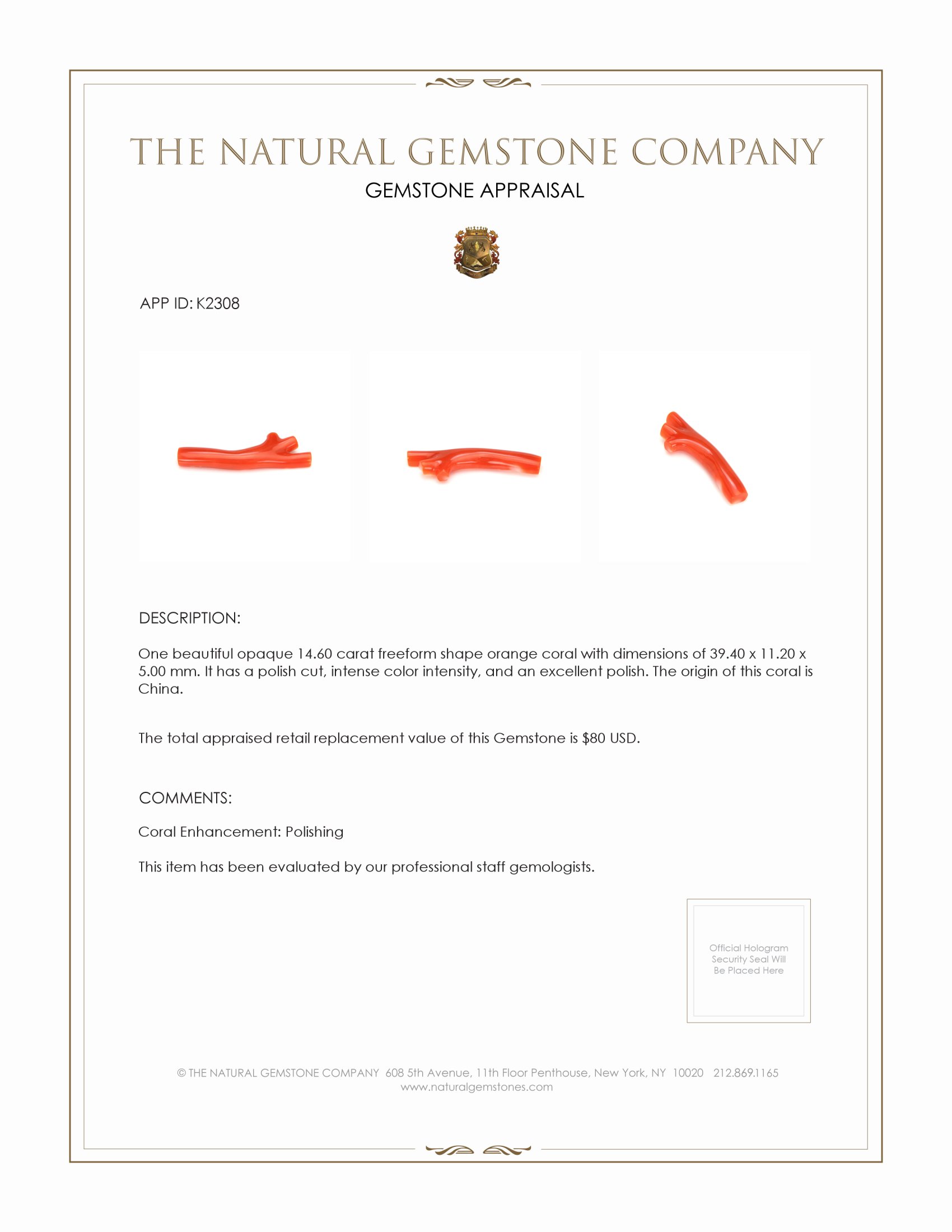 14.60 Ct. Coral from China