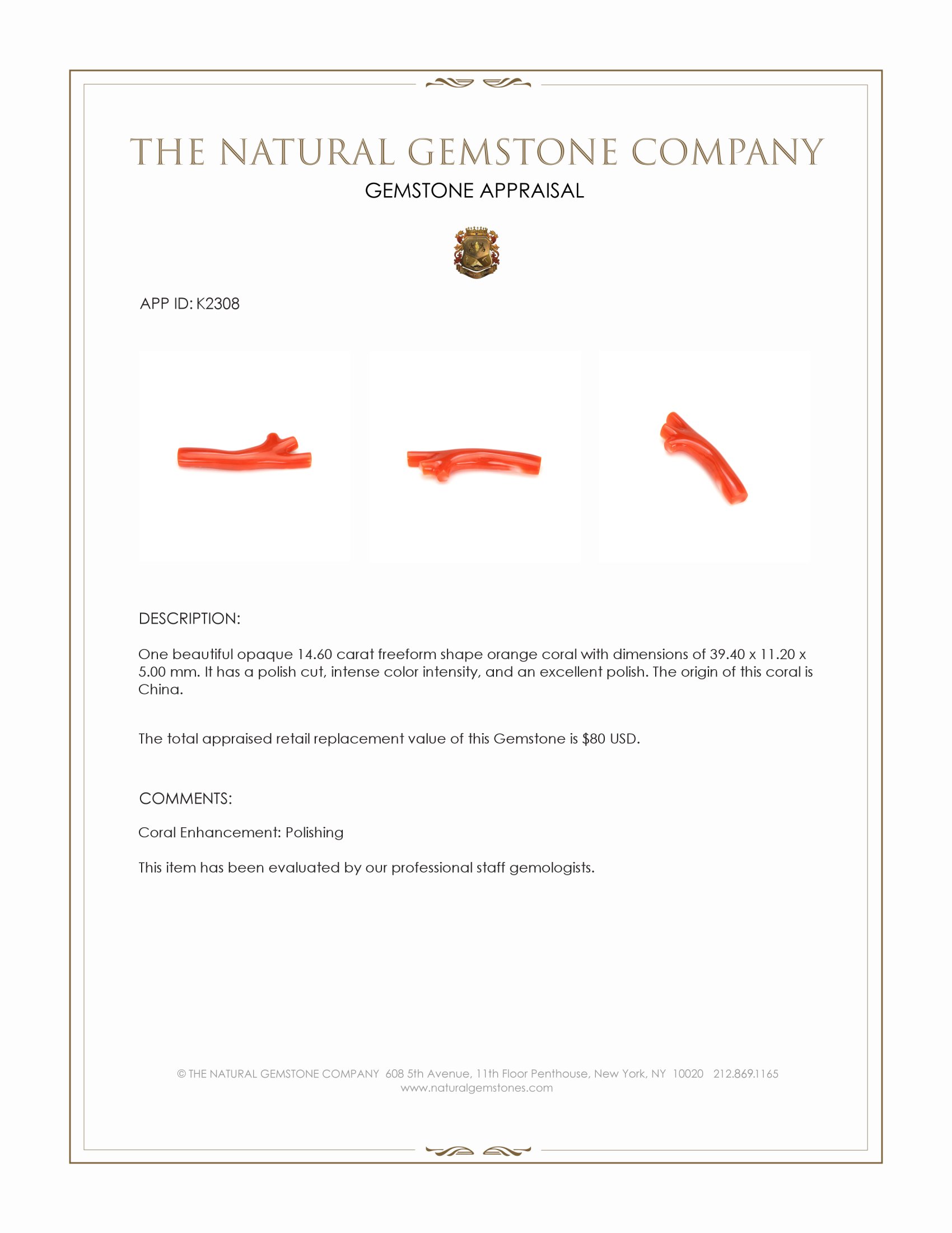 14.60 Ct. Coral from China