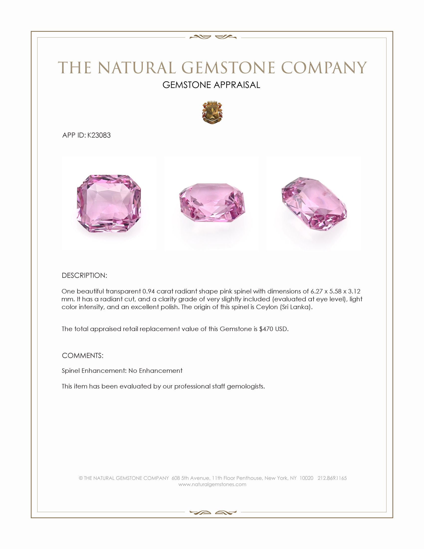 0.94 Ct. Pink Spinel from Ceylon (Sri Lanka)
