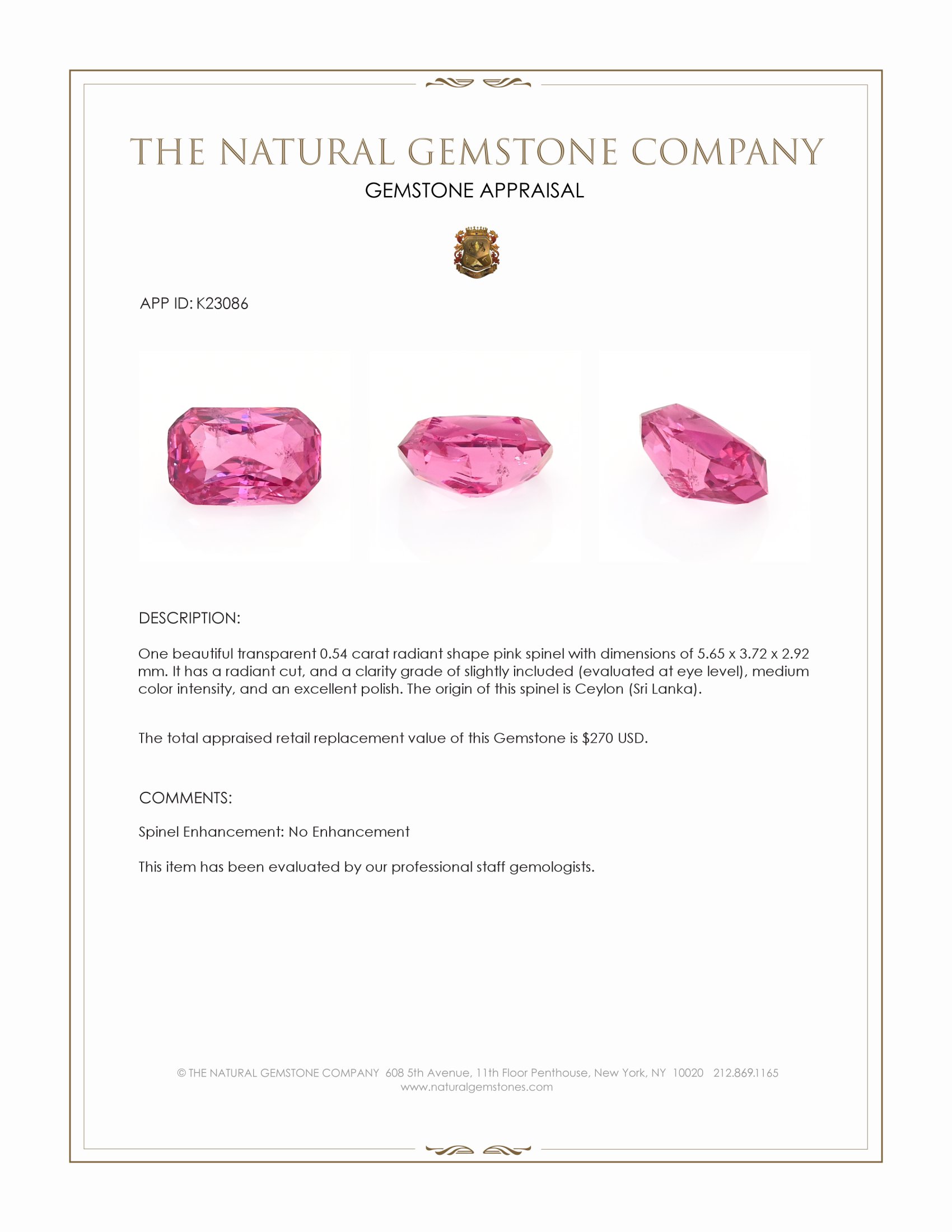 0.54 Ct. Pink Spinel from Ceylon (Sri Lanka)