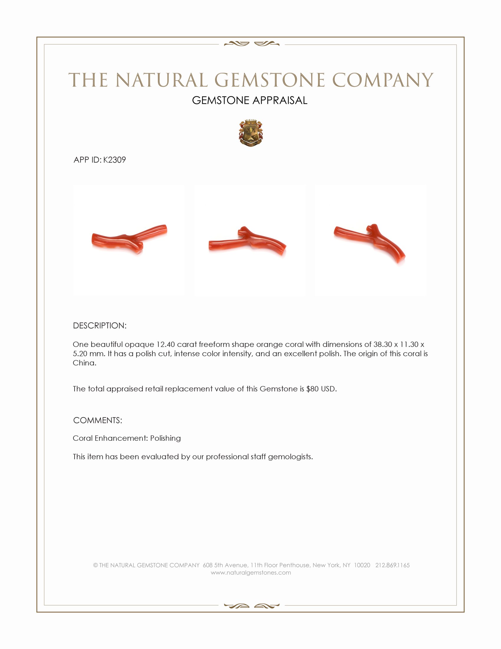 12.40 Ct. Coral from China