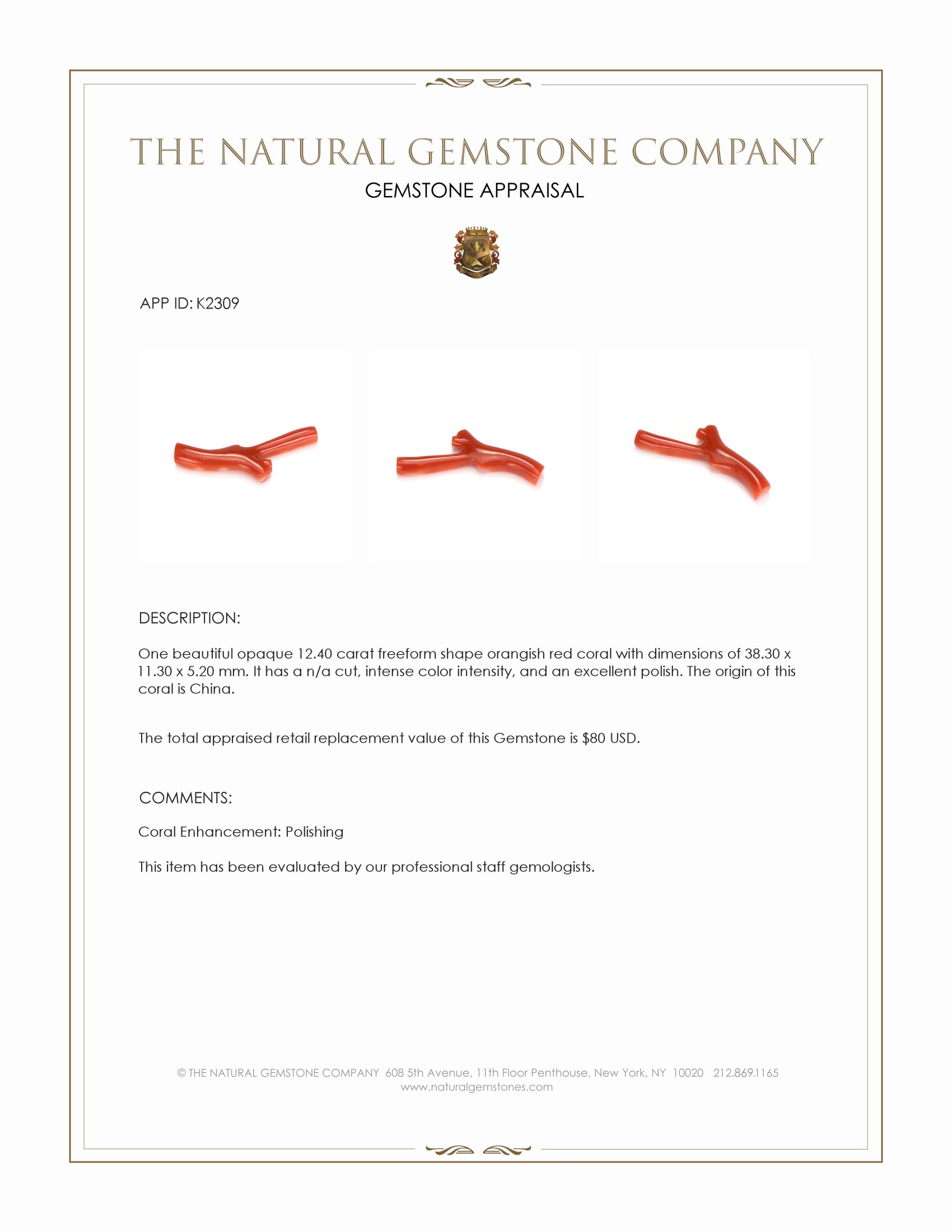 12.40 Ct. Coral Crystal from China