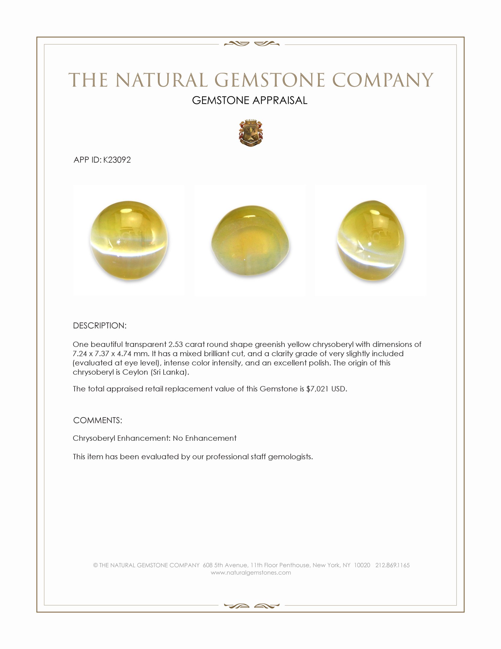 2.53 Ct. Greenish Yellow Chrysoberyl from Ceylon (Sri Lanka)