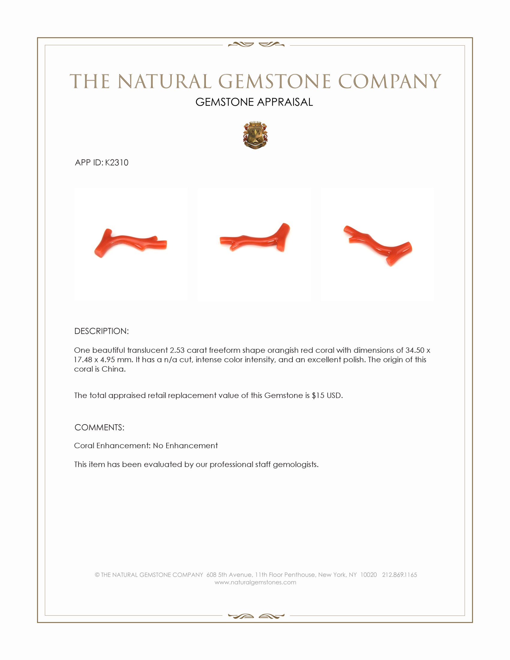 2.53 Ct. Orangish Red Coral Crystal from China