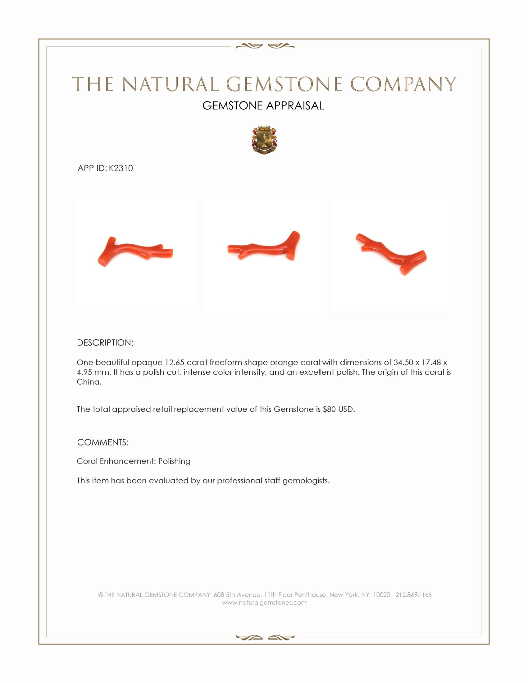 12.65 Ct. Coral from China