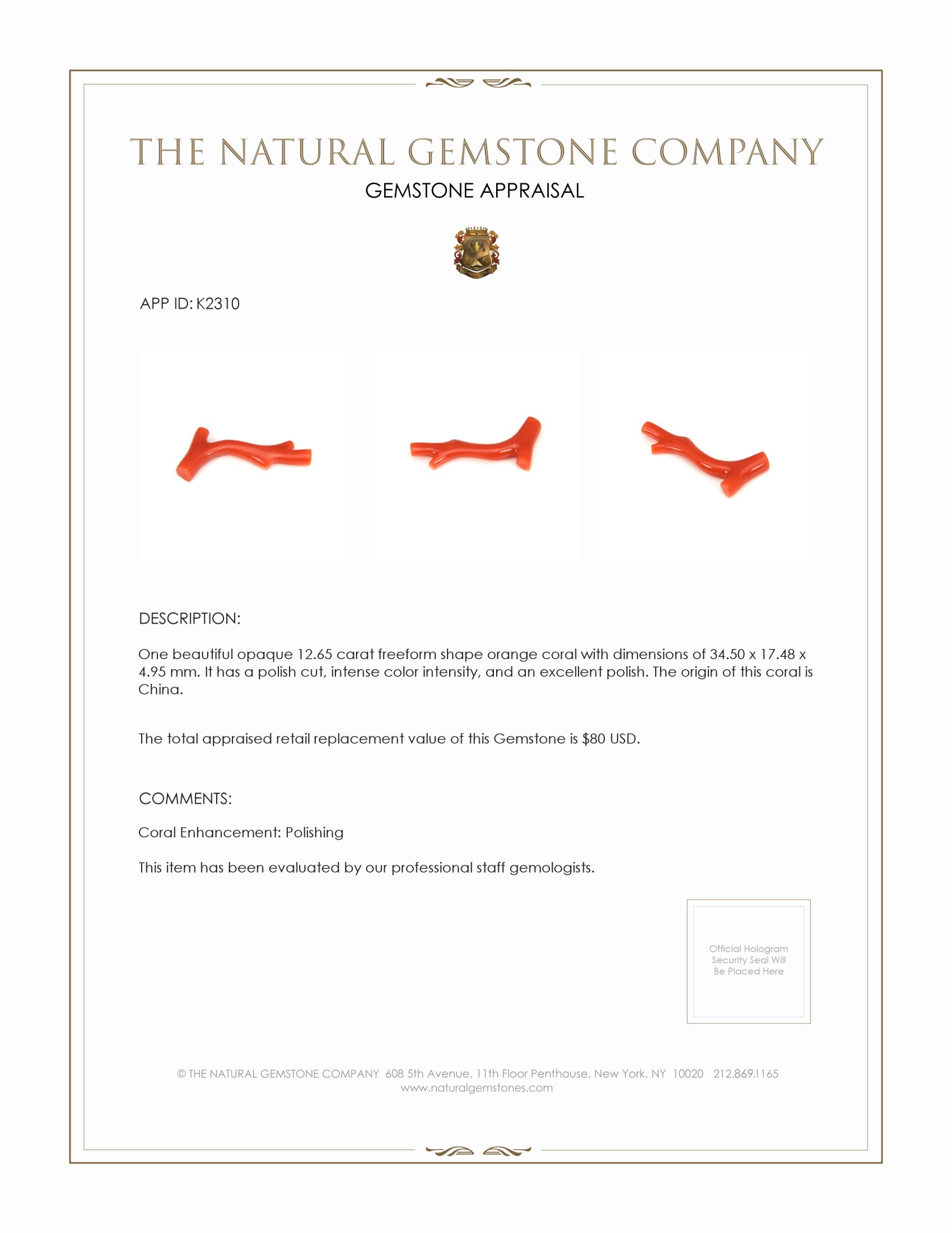 12.65 Ct. Coral from China