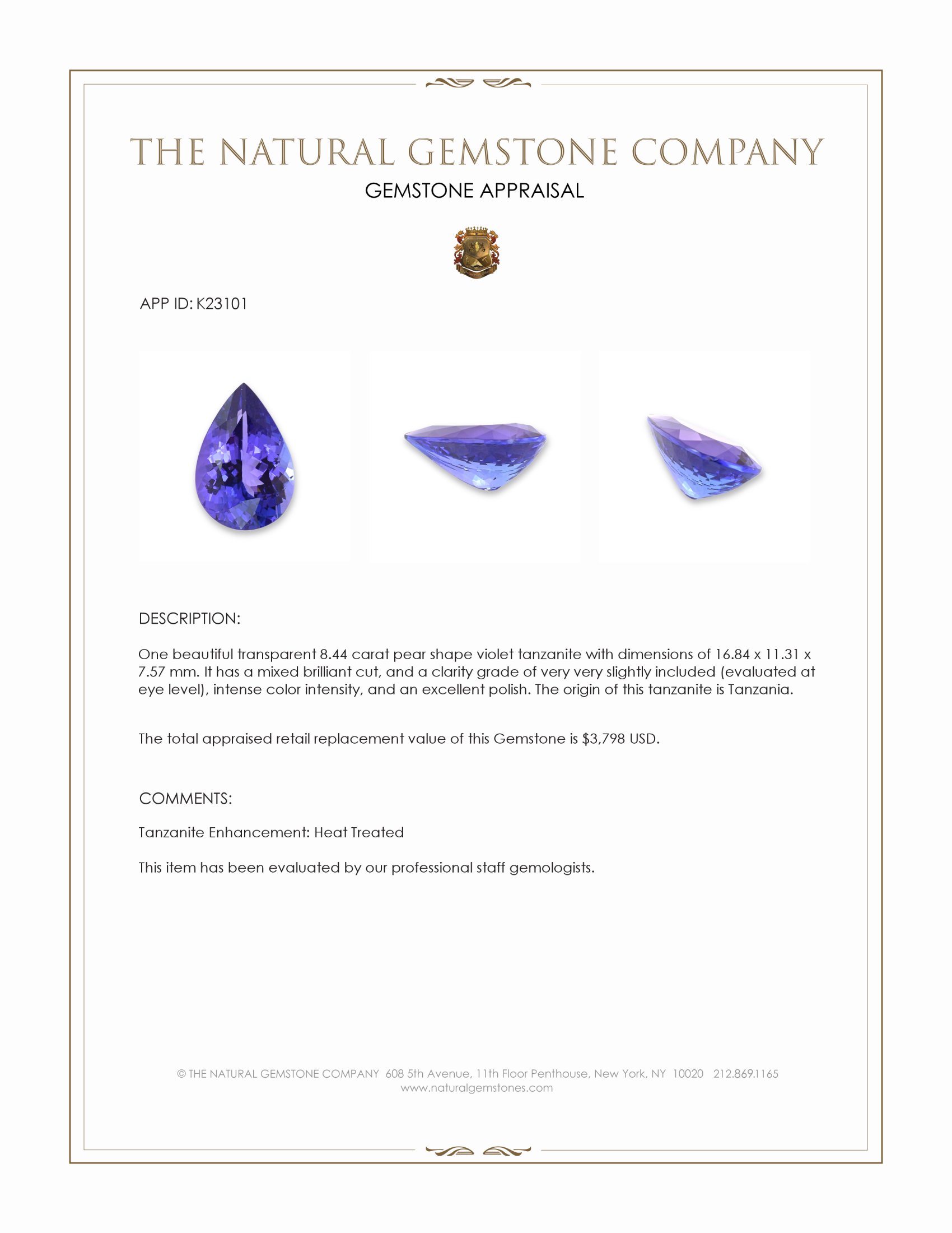 8.44 Ct. Violet Tanzanite from Tanzania
