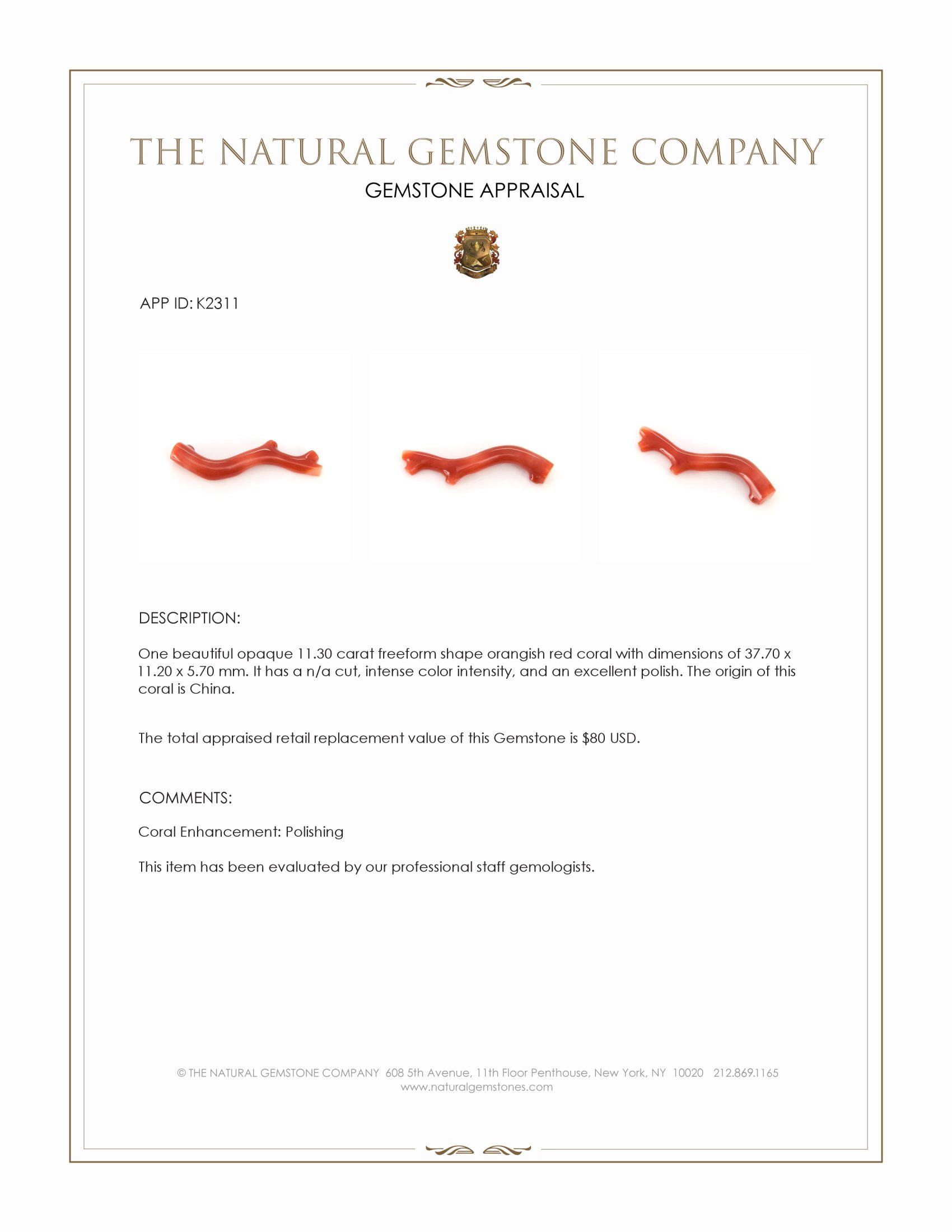 11.30 Ct. Orangish Red Coral Crystal from China