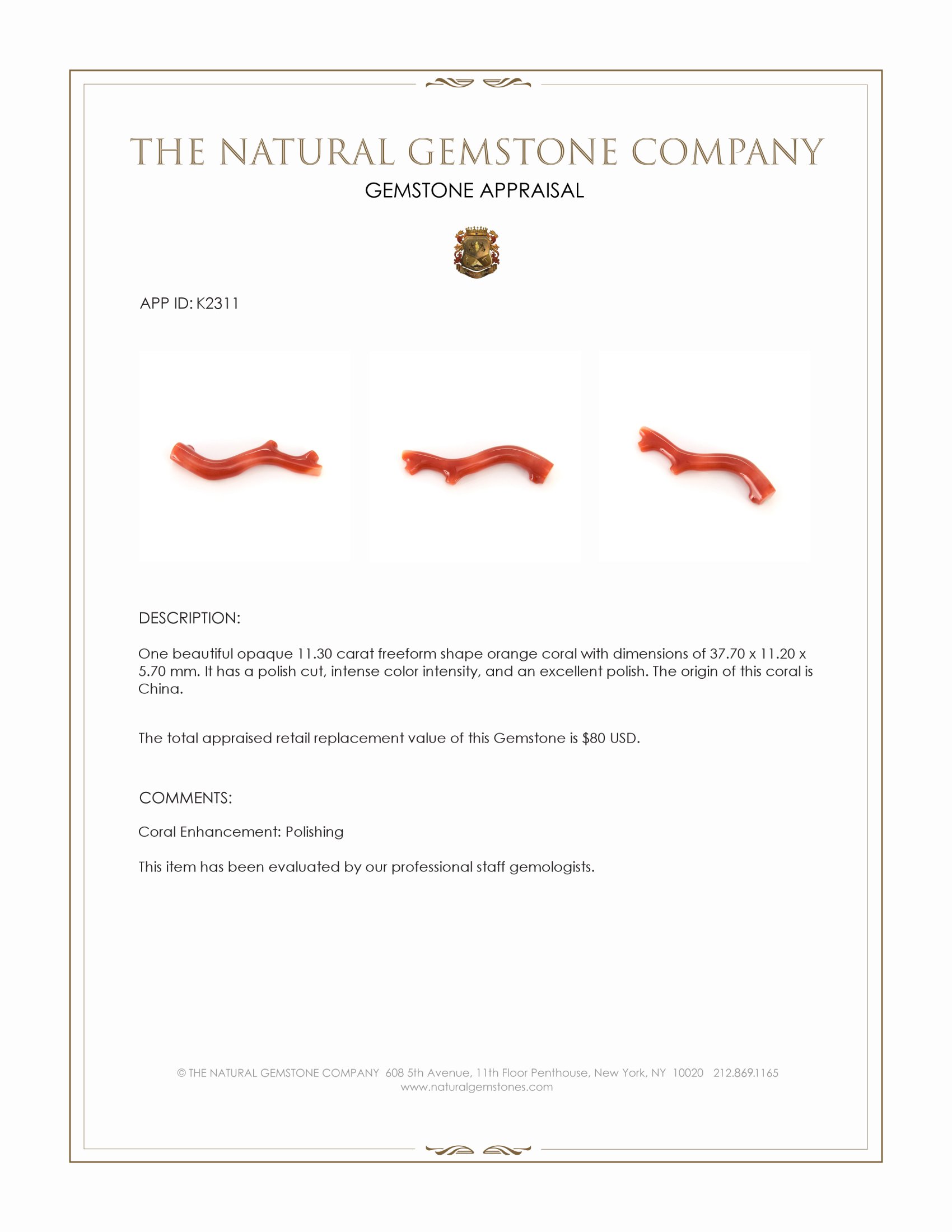 11.30 Ct. Coral from China