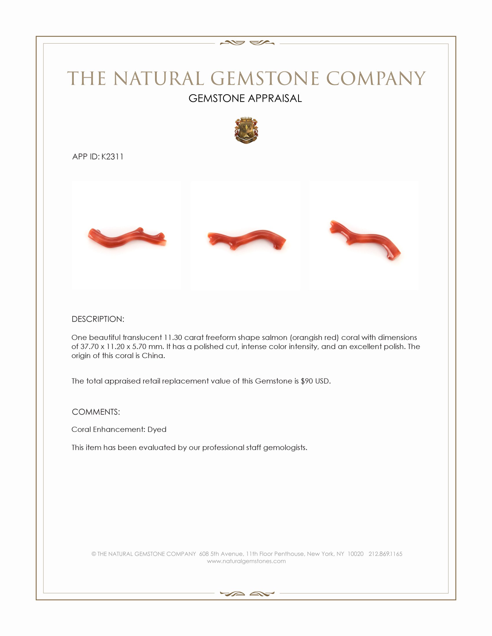 11.30 Ct. Salmon (Orangish Red) Coral from China