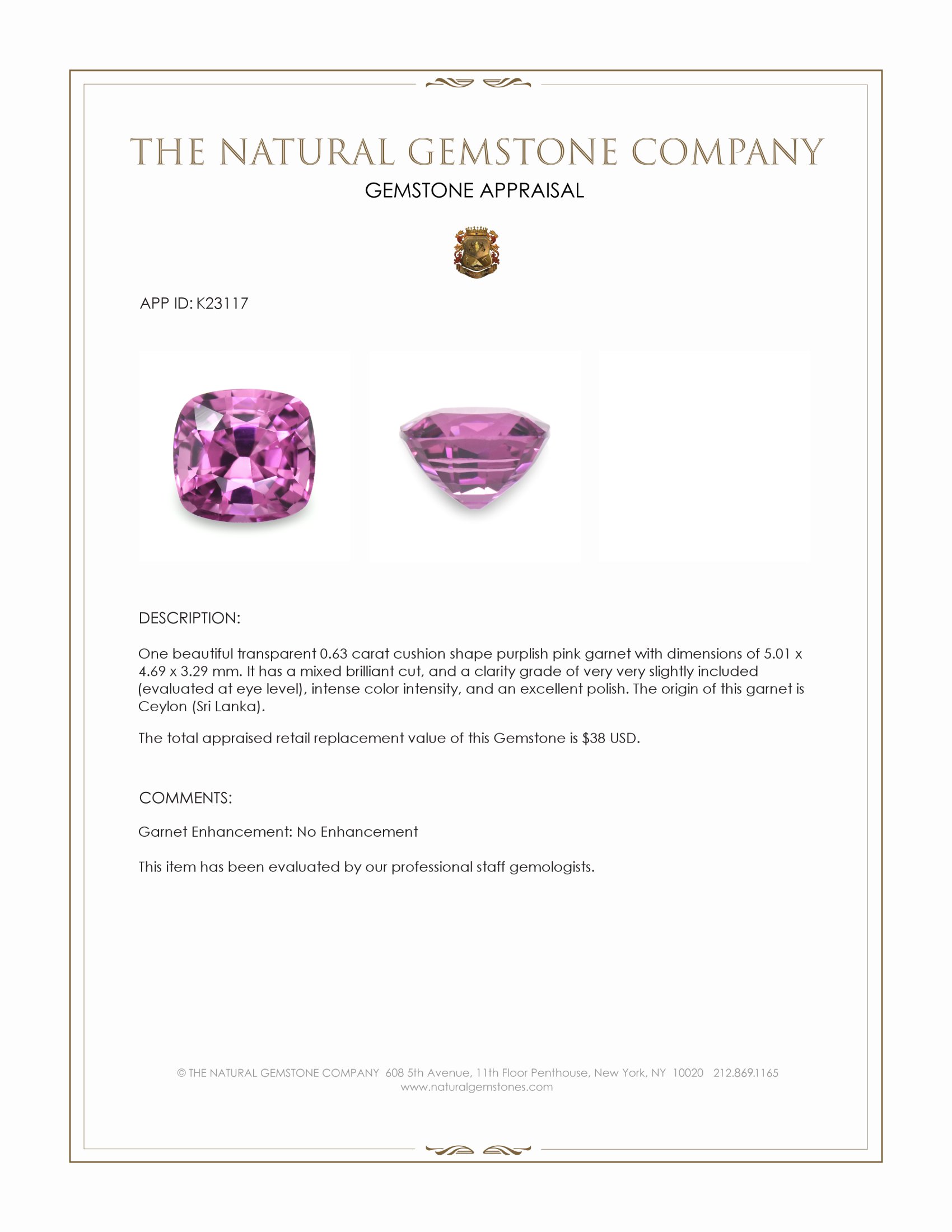 0.63 Ct. Purplish Pink Garnet from Ceylon (Sri Lanka)