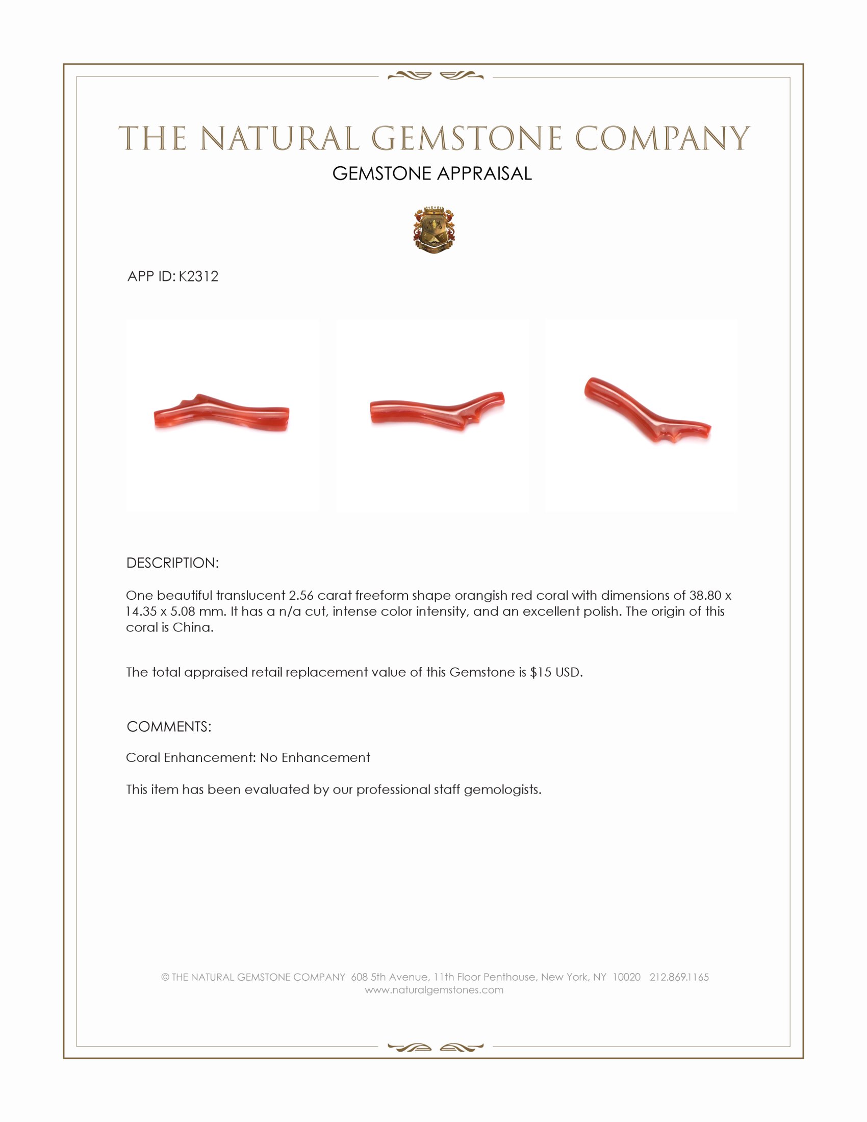 2.56 Ct. Orangish Red Coral Crystal from China