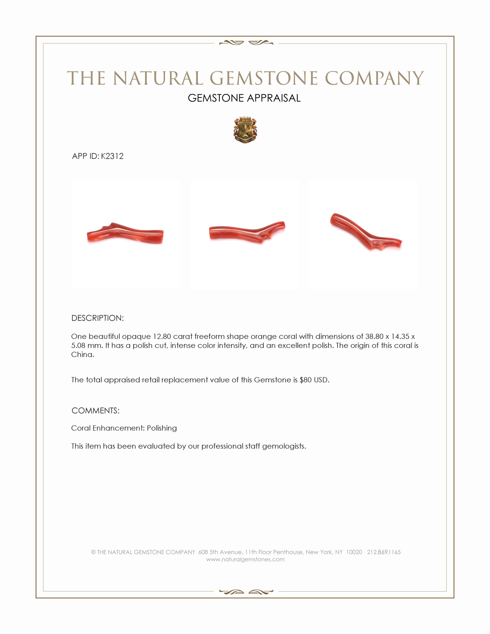 12.80 Ct. Coral from China