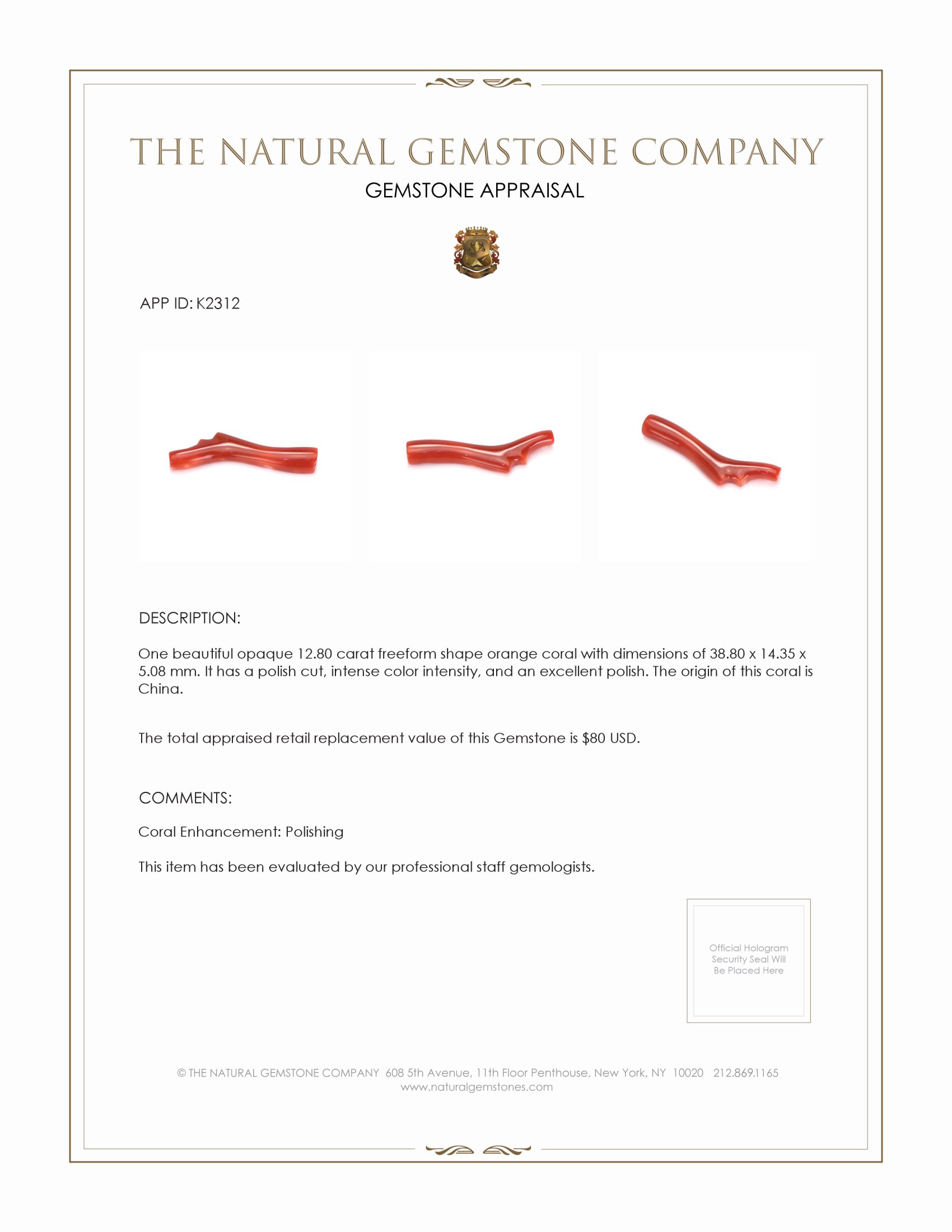 12.80 Ct. Coral from China