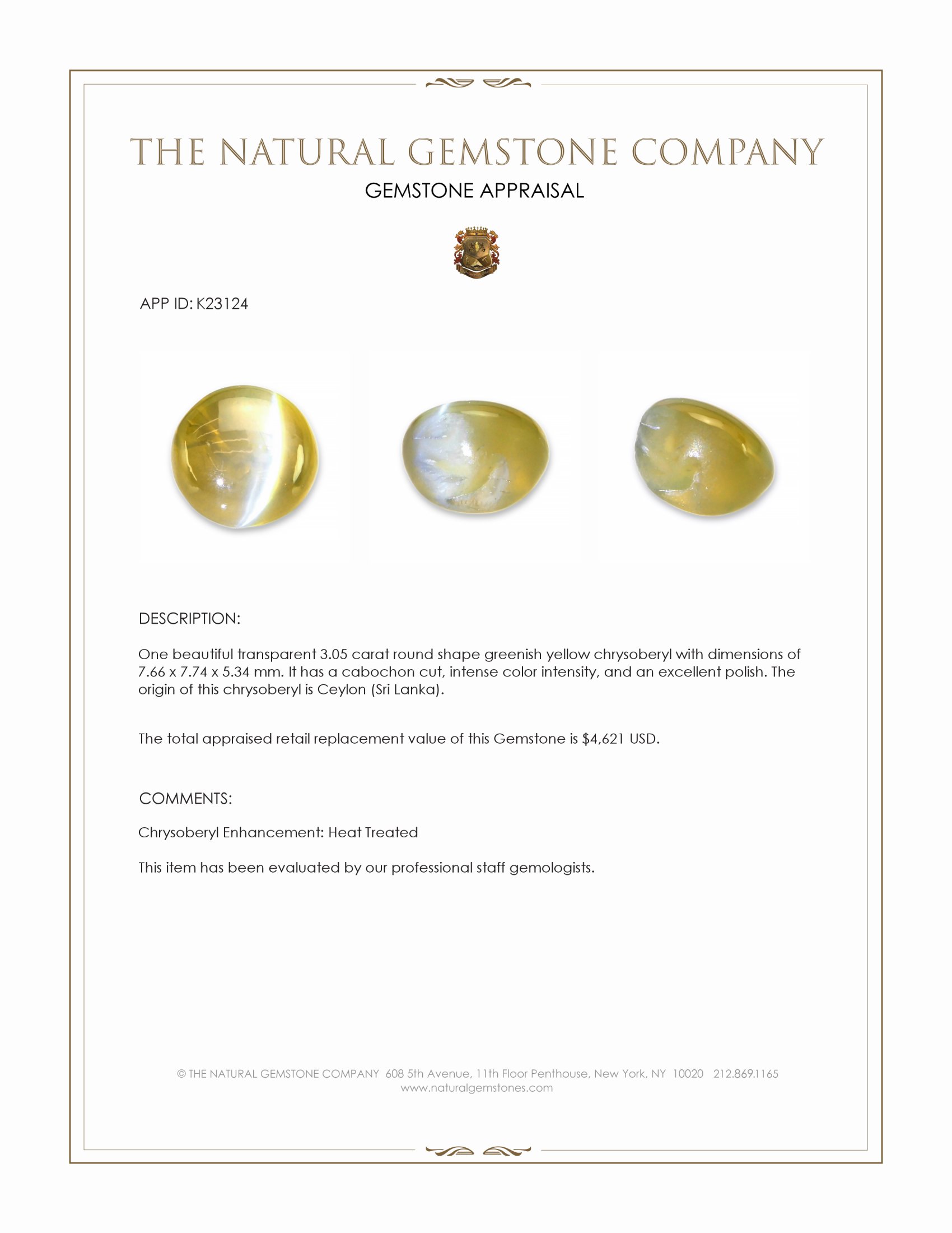 3.05 Ct. Greenish Yellow Cabochon Chrysoberyl from Ceylon (Sri Lanka)