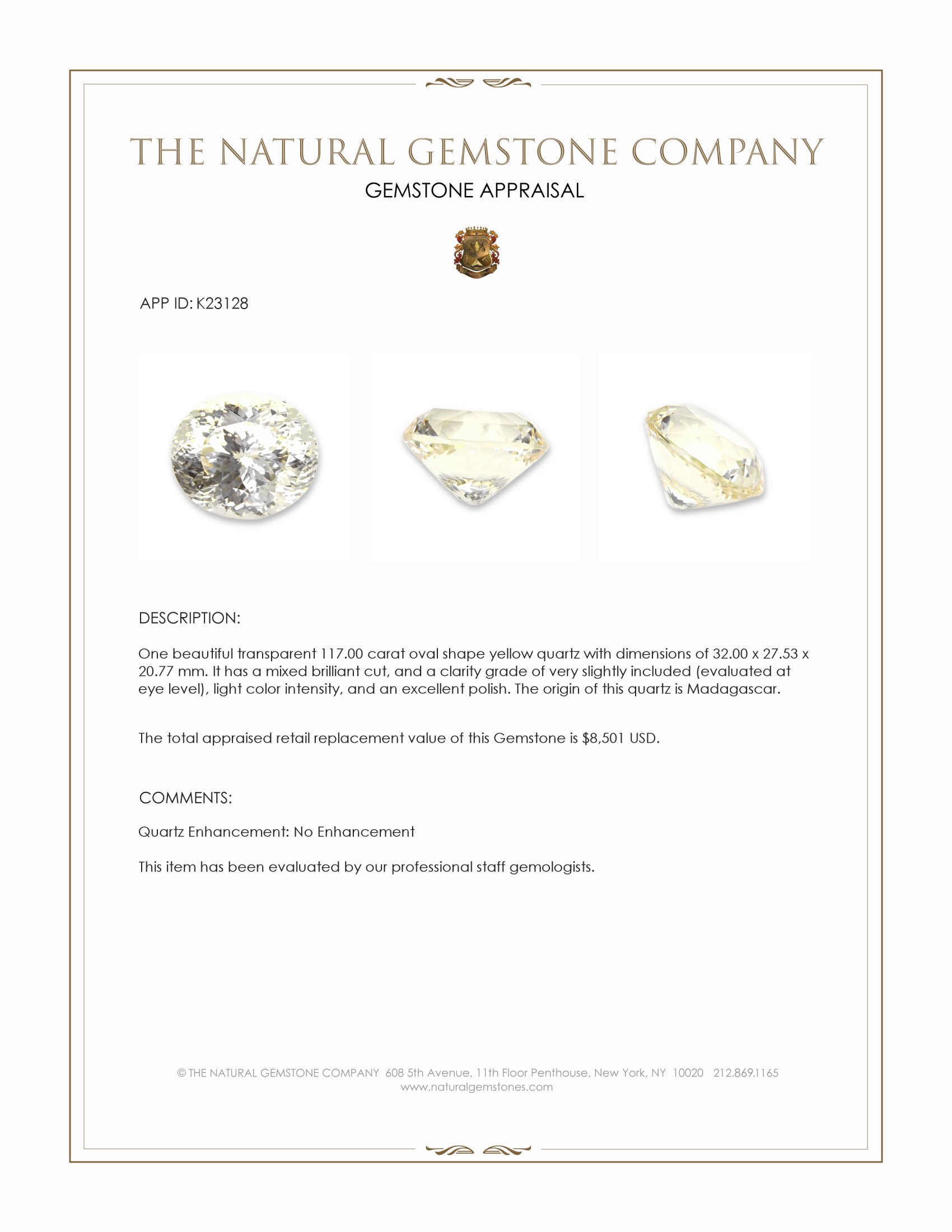 117.00 Ct. Yellow Quartz from Madagascar