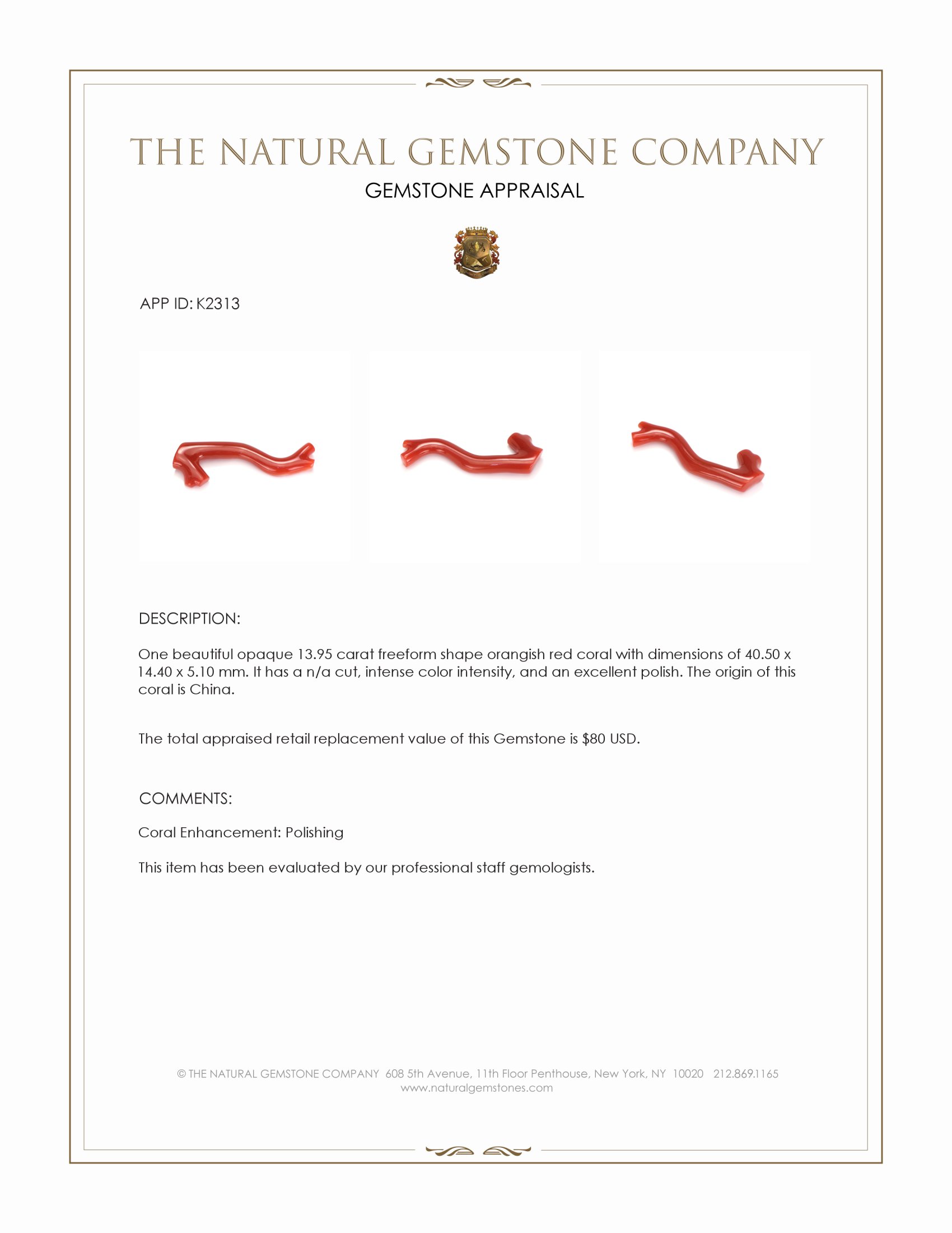 13.95 Ct. Orangish Red Coral Crystal from China