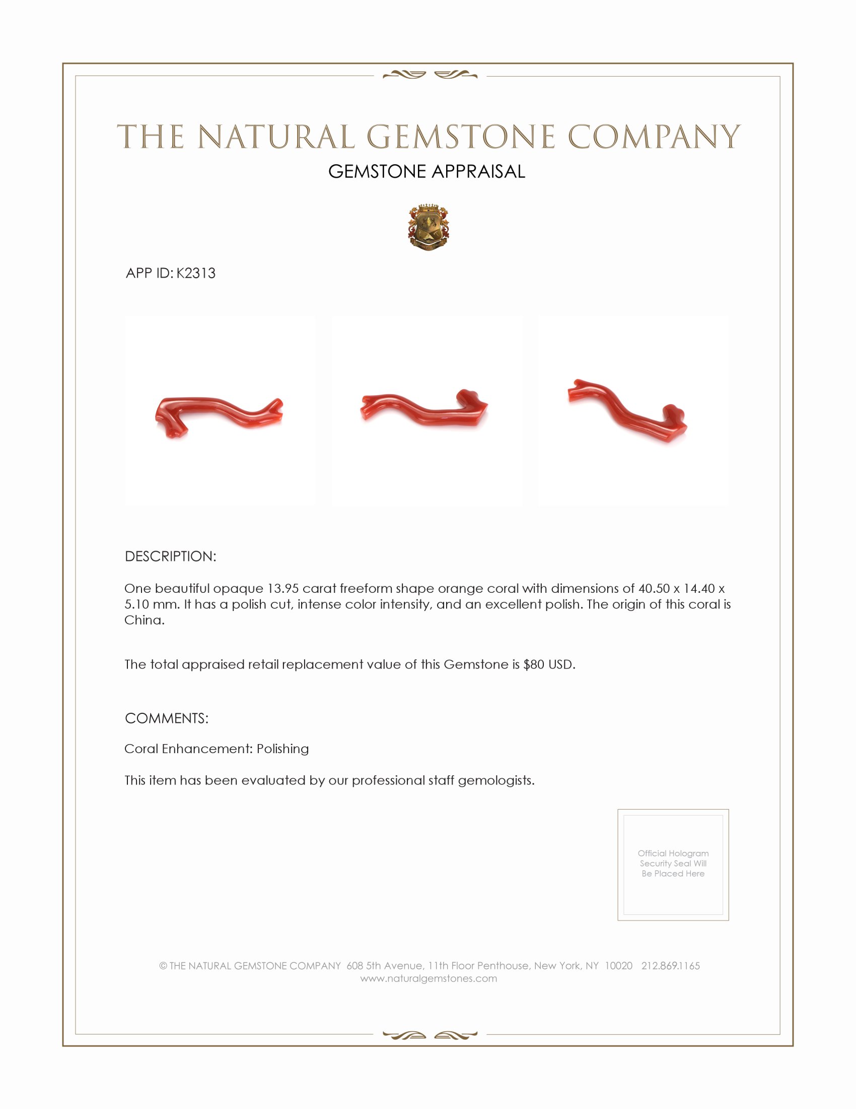 13.95 Ct. Coral from China