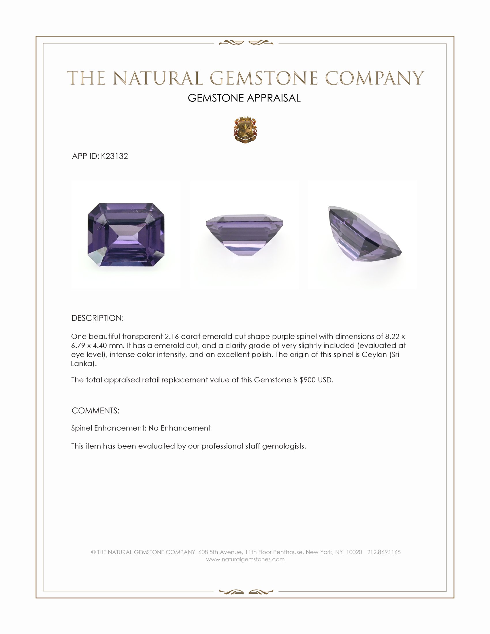 2.16 Ct. Purple Spinel from Ceylon (Sri Lanka)