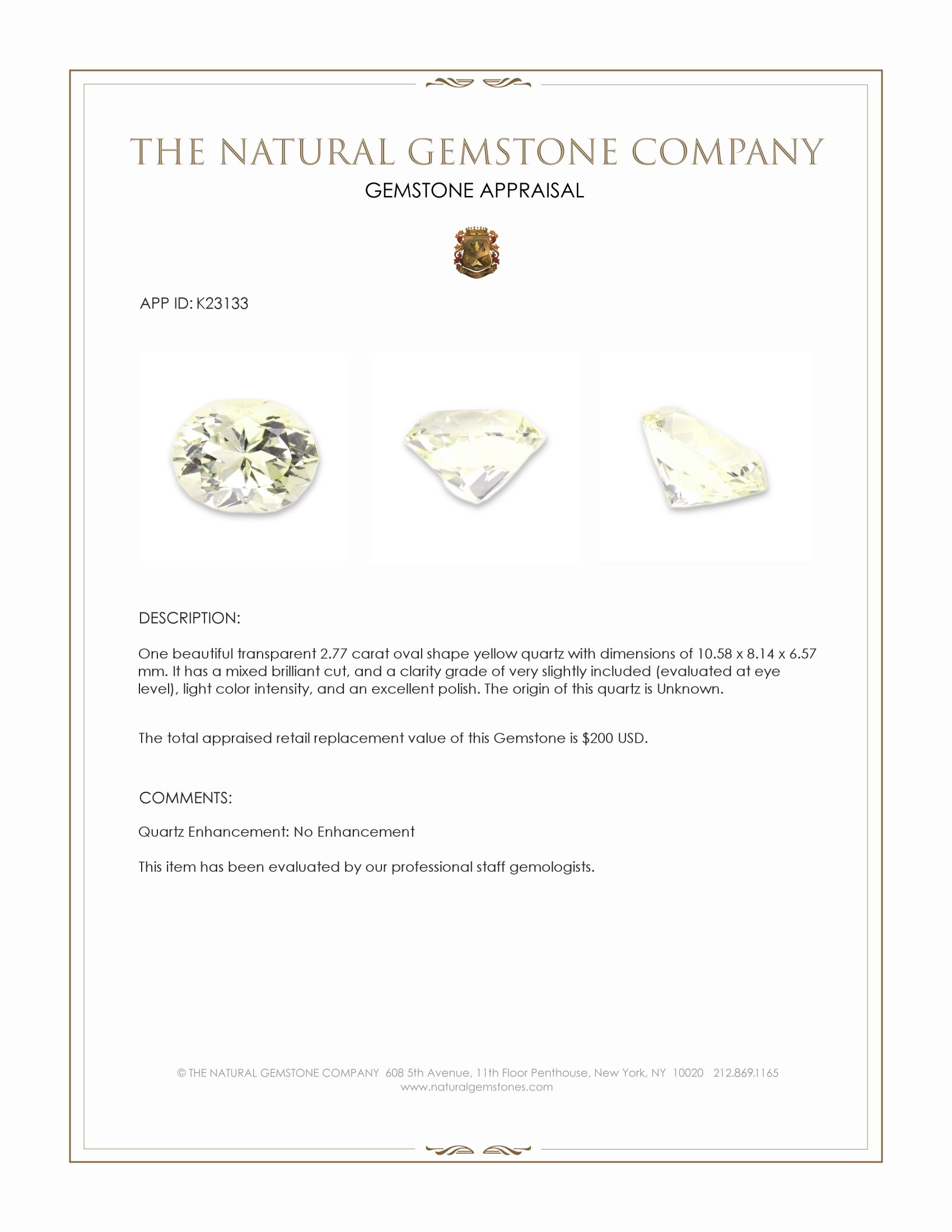2.77 Ct. Yellow Quartz