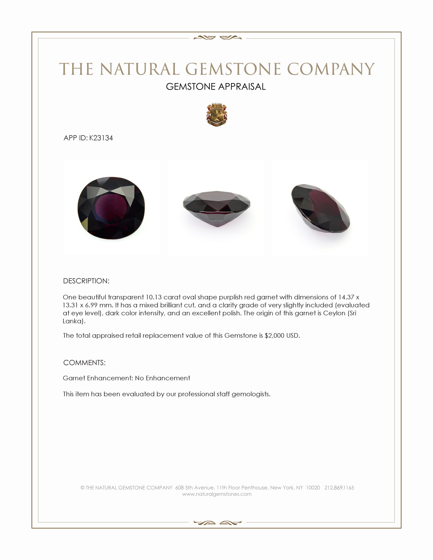 10.13 Ct. Purplish Red Garnet from Ceylon (Sri Lanka)