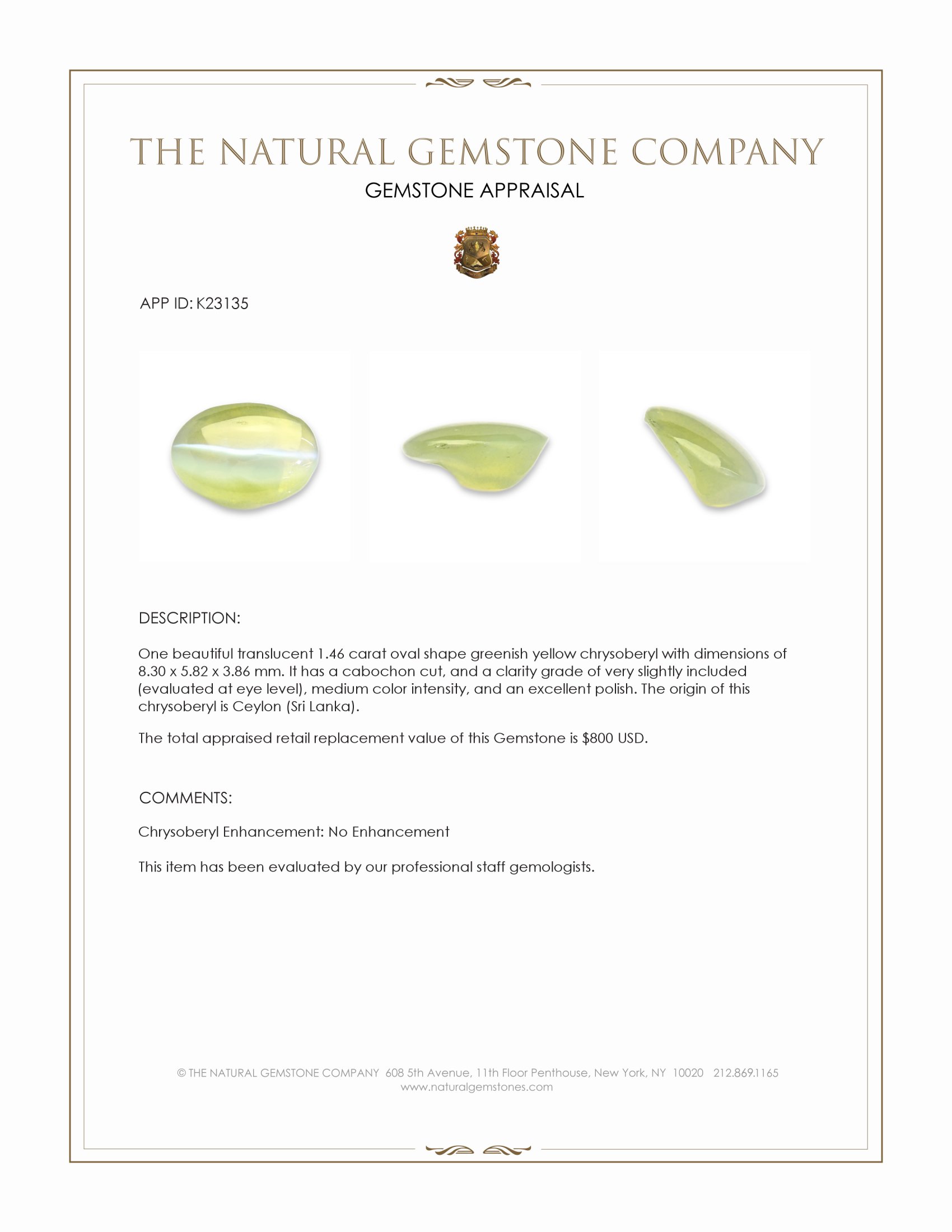 1.46 Ct. Greenish Yellow Cabochon Chrysoberyl from Ceylon (Sri Lanka)