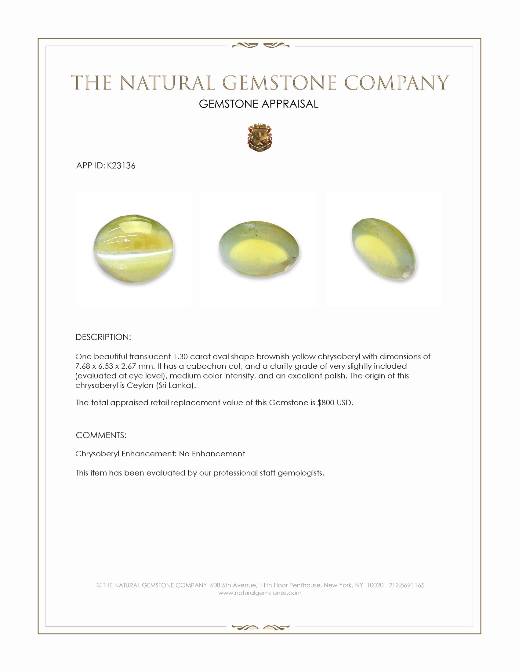 1.30 Ct. Brownish Yellow Cabochon Chrysoberyl from Ceylon (Sri Lanka)