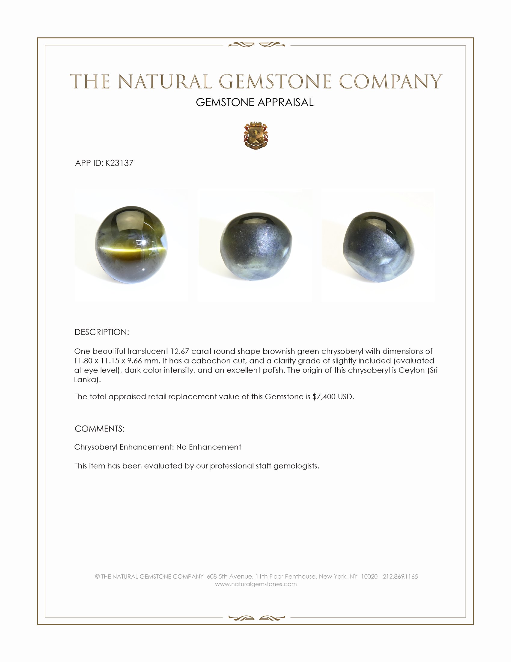 12.67 Ct. Brownish Green Cabochon Chrysoberyl from Ceylon (Sri Lanka)