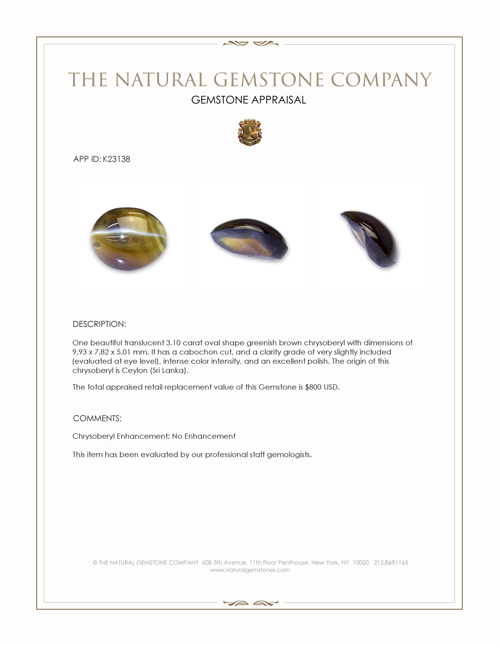3.10 Ct. Greenish Brown Cabochon Chrysoberyl from Ceylon (Sri Lanka)