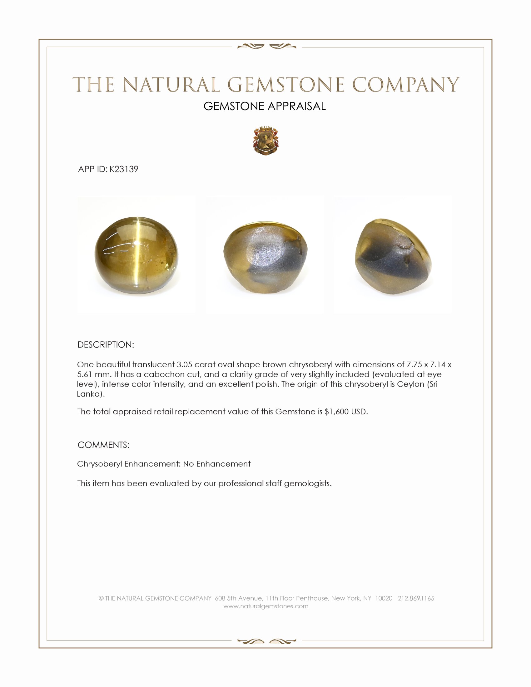 3.05 Ct. Brown Cabochon Chrysoberyl from Ceylon (Sri Lanka)