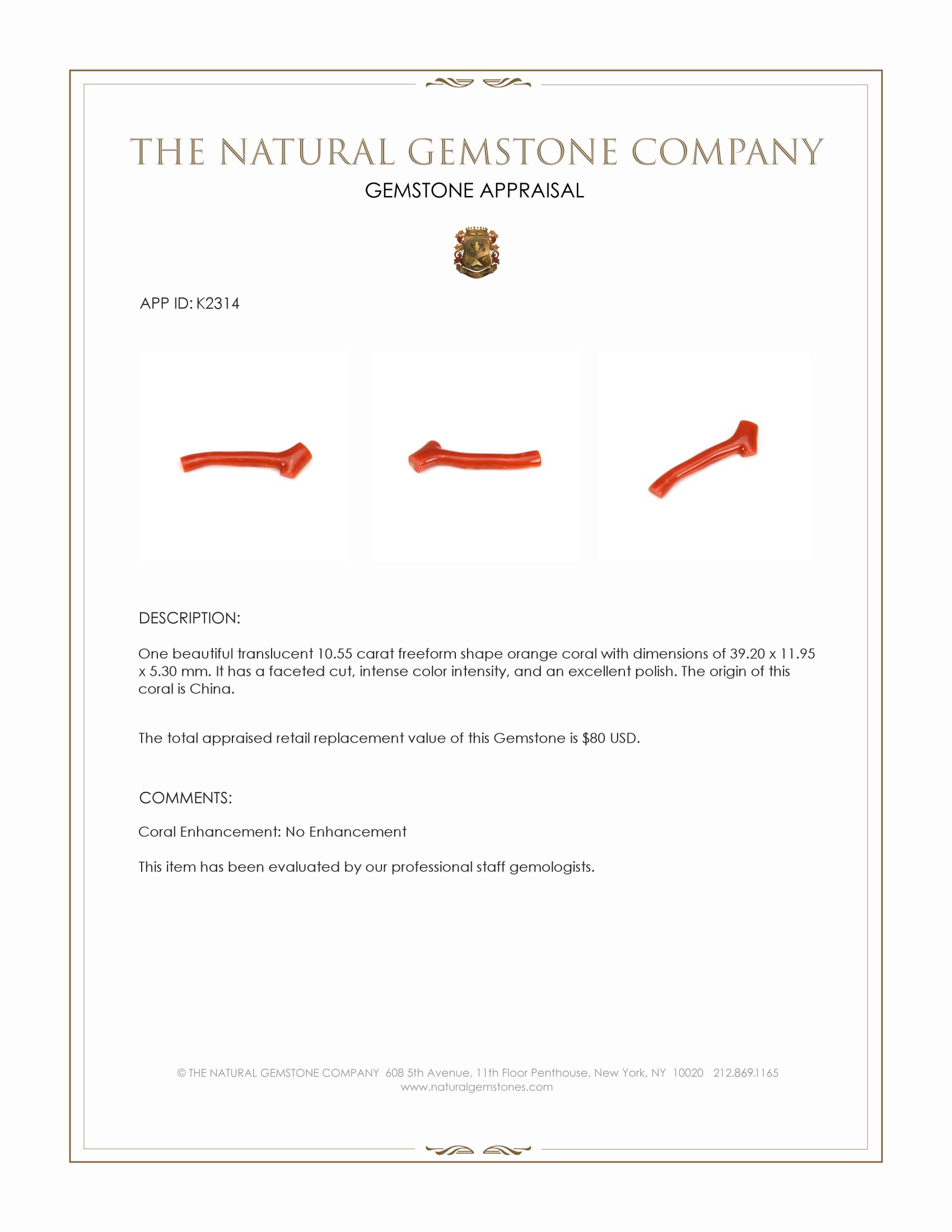 10.55 Ct. Coral from China