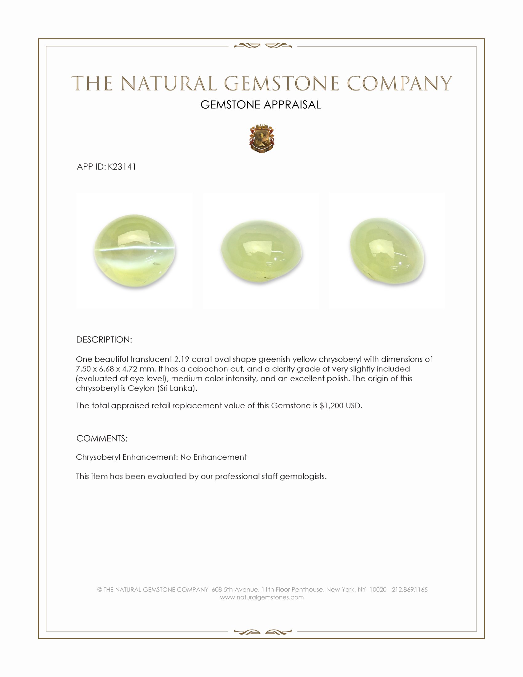 2.19 Ct. Greenish Yellow Cabochon Chrysoberyl from Ceylon (Sri Lanka)